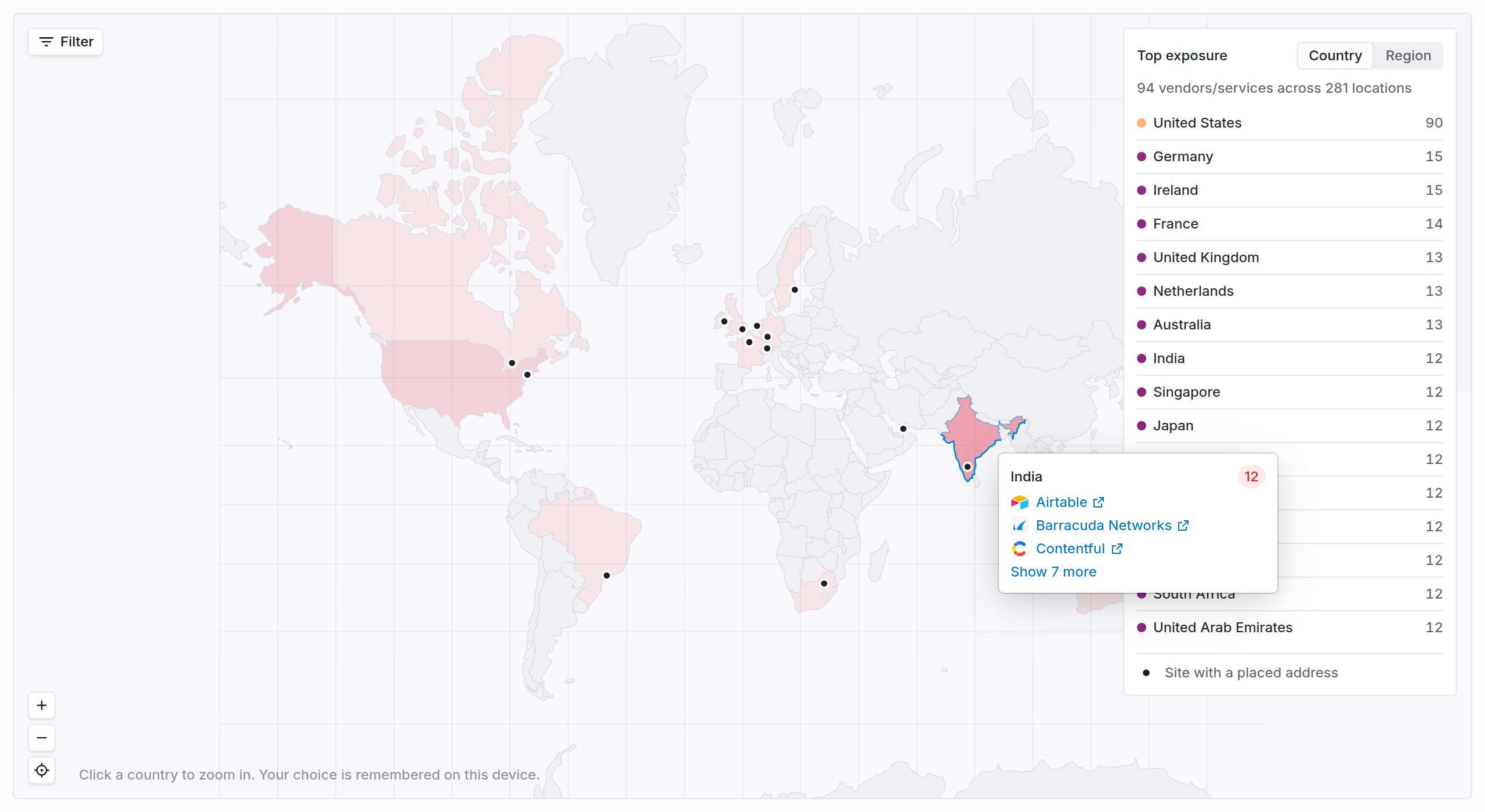 Country popover on the world map listing suppliers recorded in India with a Show more link