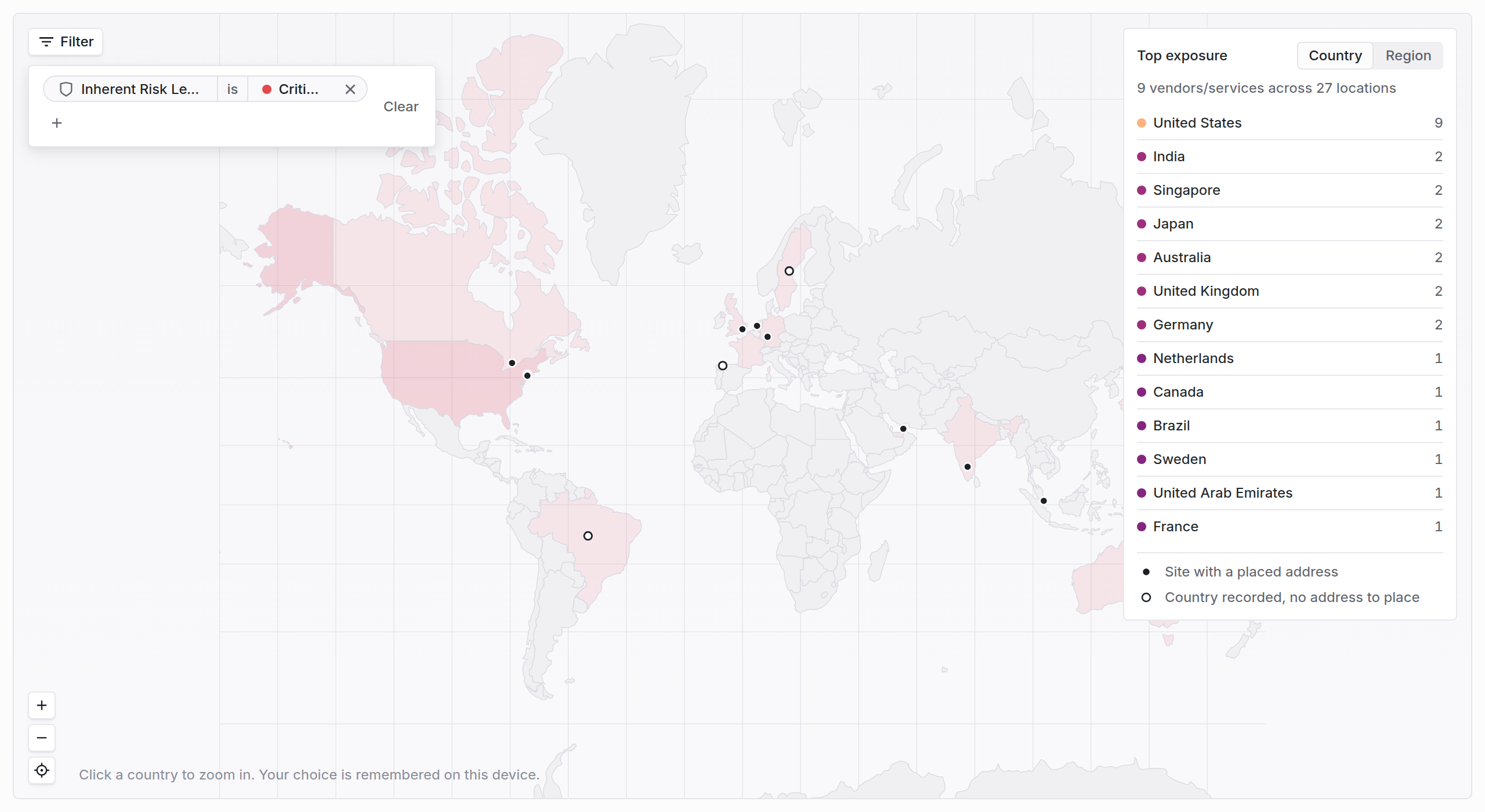 Map with an active filter reading Inherent Risk Level is Critical, plus add and clear controls, and the side panel counts narrowed to the matching suppliers