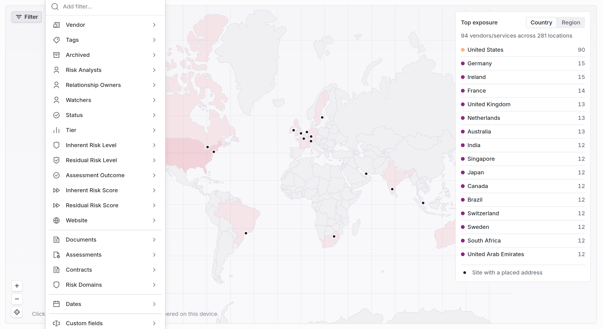 Filter menu open over the map listing Vendor, Tags, Archived, Risk Analysts, Status, and other vendor fields