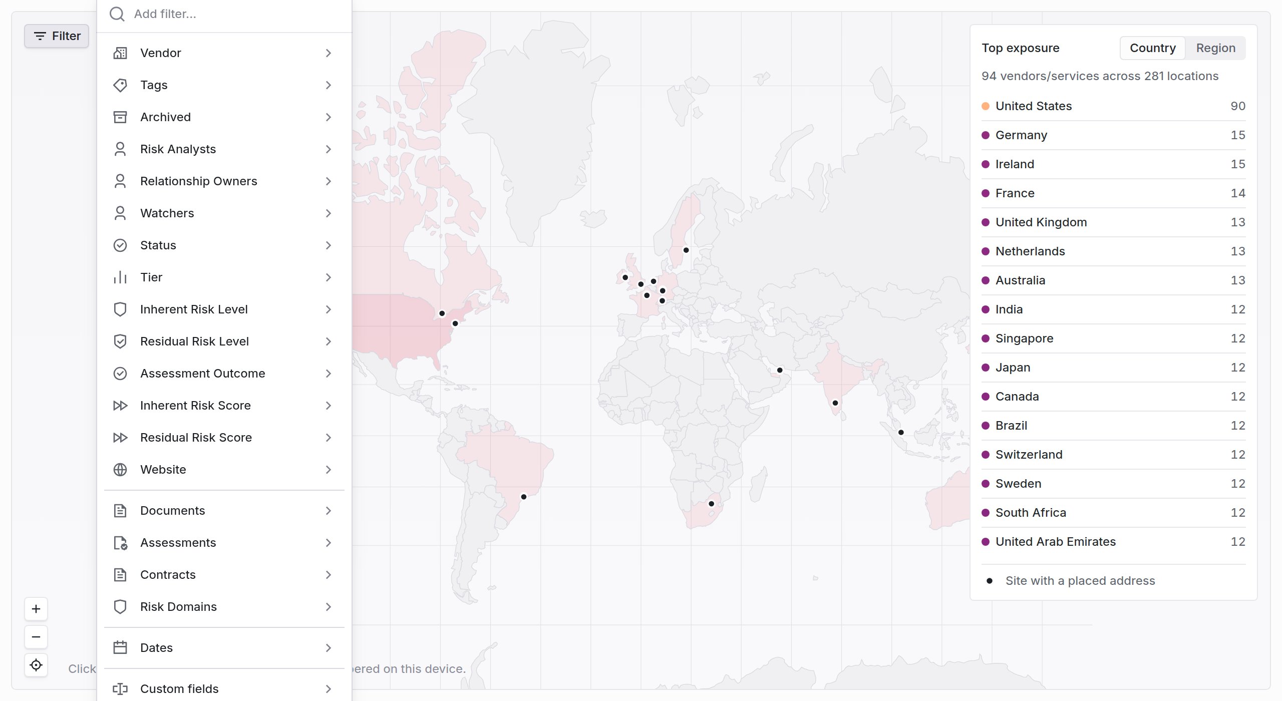 Filter menu open over the map listing Vendor, Tags, Archived, Risk Analysts, Status, and other vendor fields