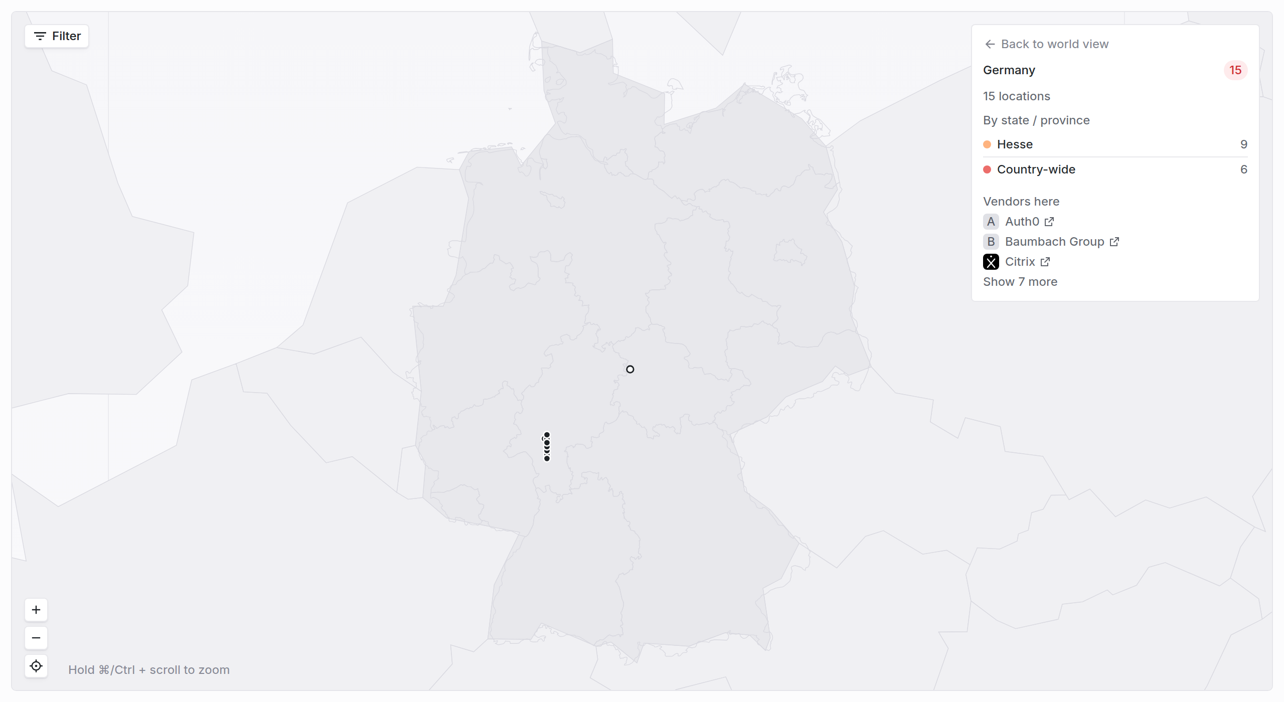 Germany focused view with address pins near Frankfurt, a hollow pin at the center, and a side panel listing Hesse and Country-wide counts