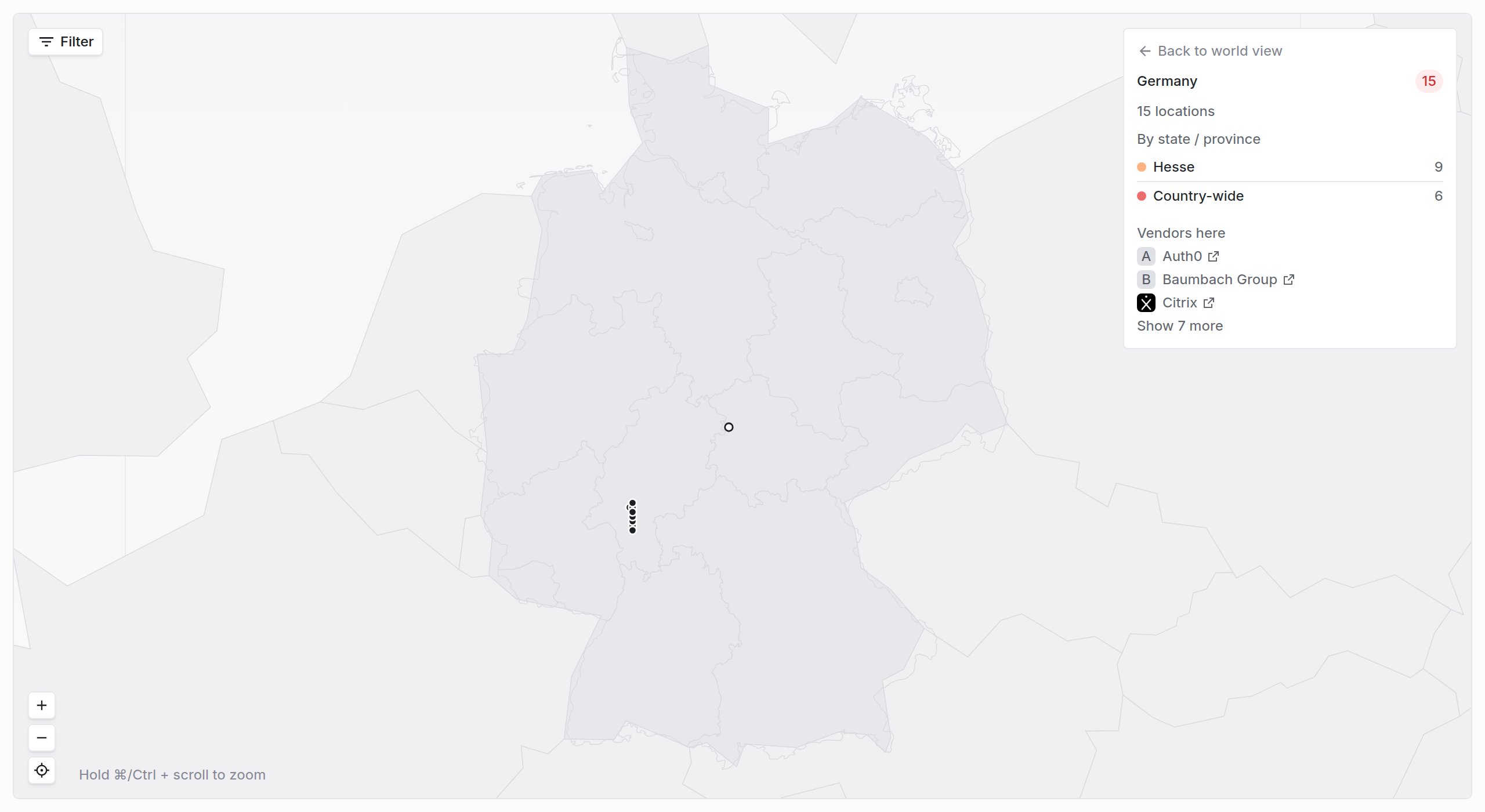 Germany focused view with address pins near Frankfurt, a hollow pin at the center, and a side panel listing Hesse and Country-wide counts