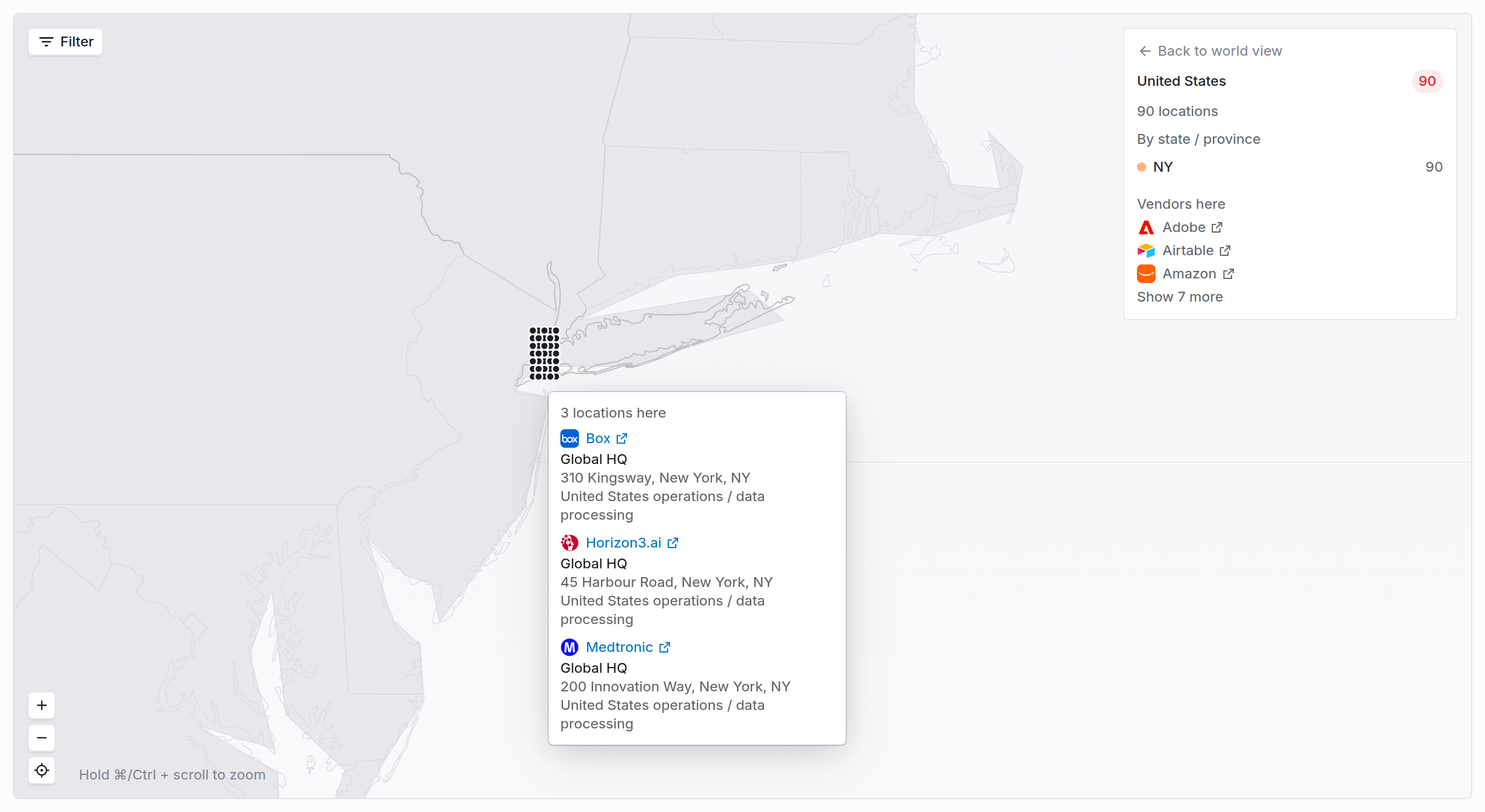 Popover on a New York pin reading 3 locations here, listing three suppliers with their site names and addresses