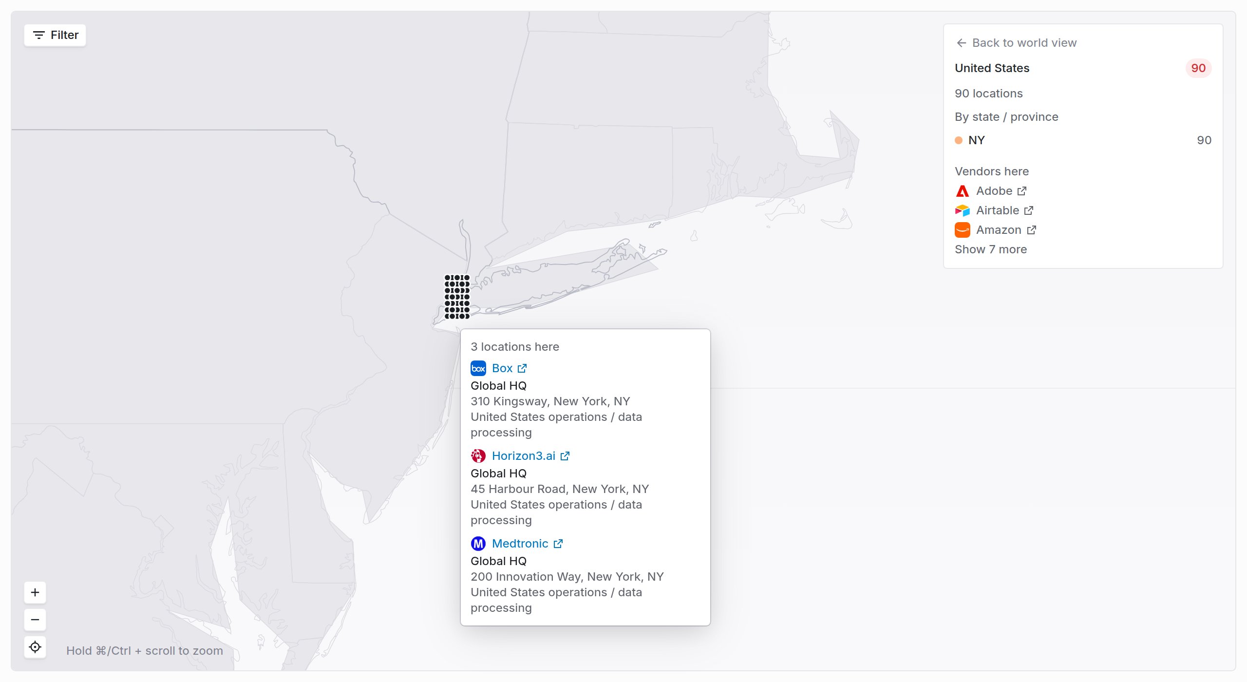 Popover on a New York pin reading 3 locations here, listing three suppliers with their site names and addresses