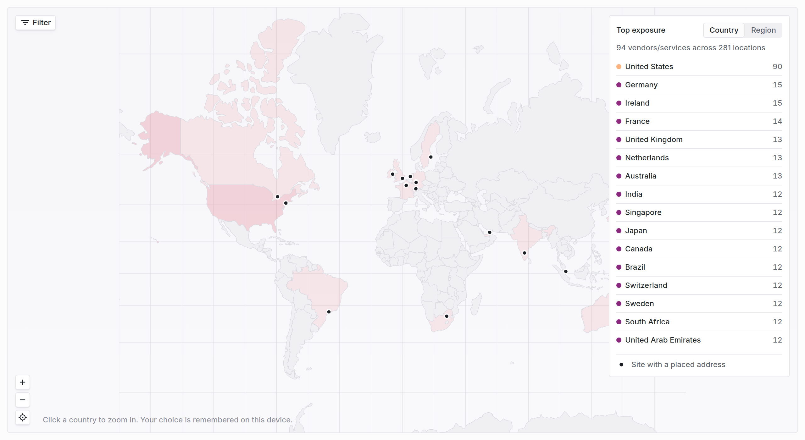 Risk geography world map with small dots for supplier sites in North America, Europe, Asia and Africa, tinted countries, and a Top exposure panel listing countries with counts