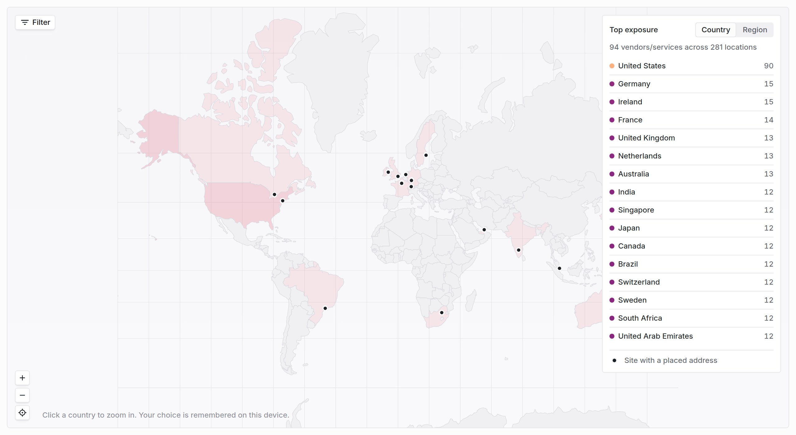 Risk geography world map with small dots for supplier sites in North America, Europe, Asia and Africa, tinted countries, and a Top exposure panel listing countries with counts