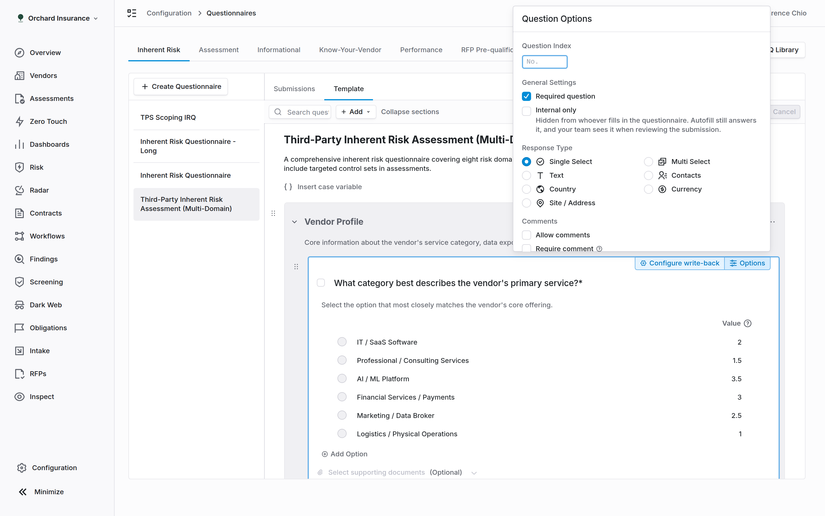 An expanded question in the template editor showing General Settings and the options list with values