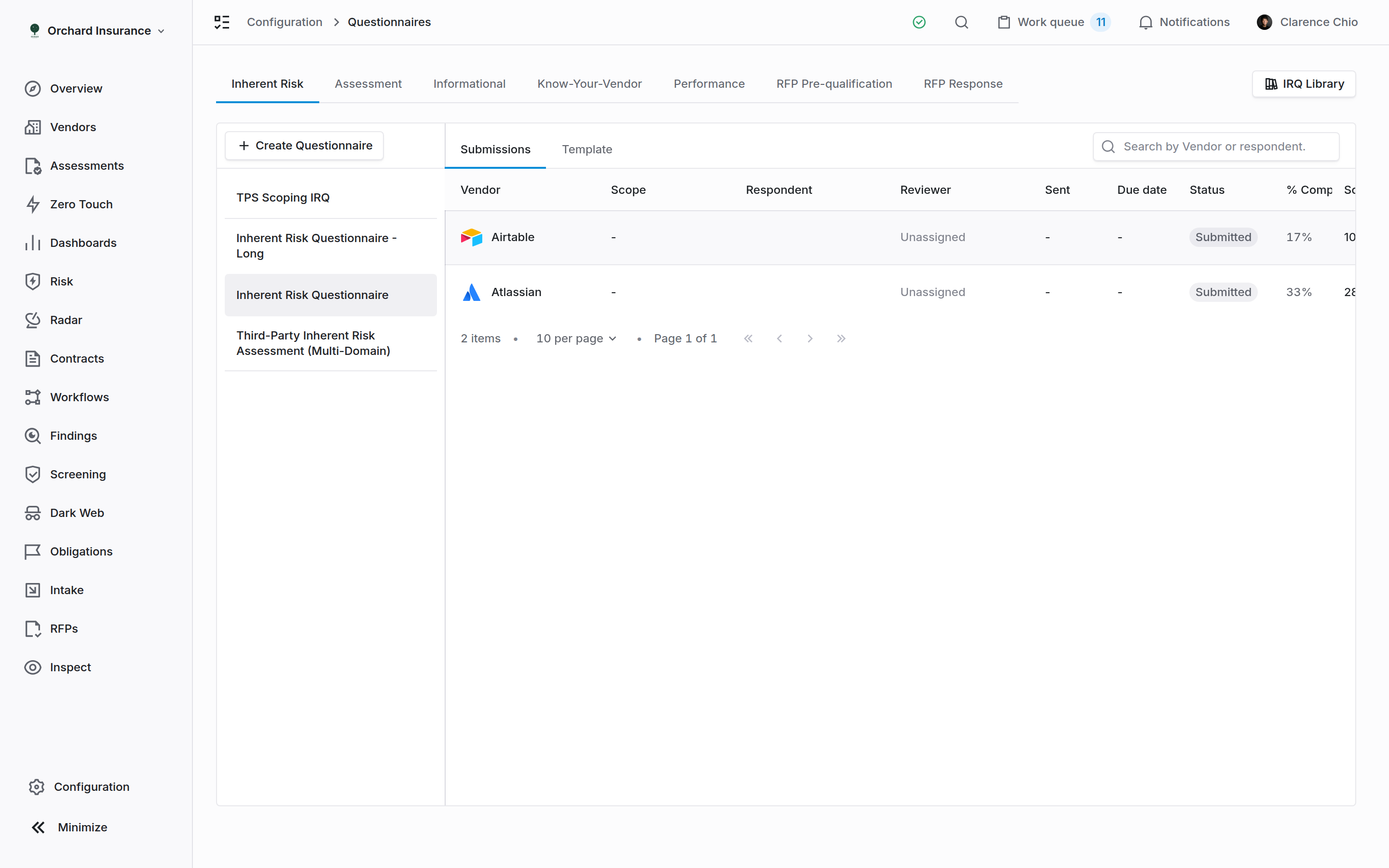 The Submissions tab of an inherent risk questionnaire listing vendors with status badges, reviewers, and scores