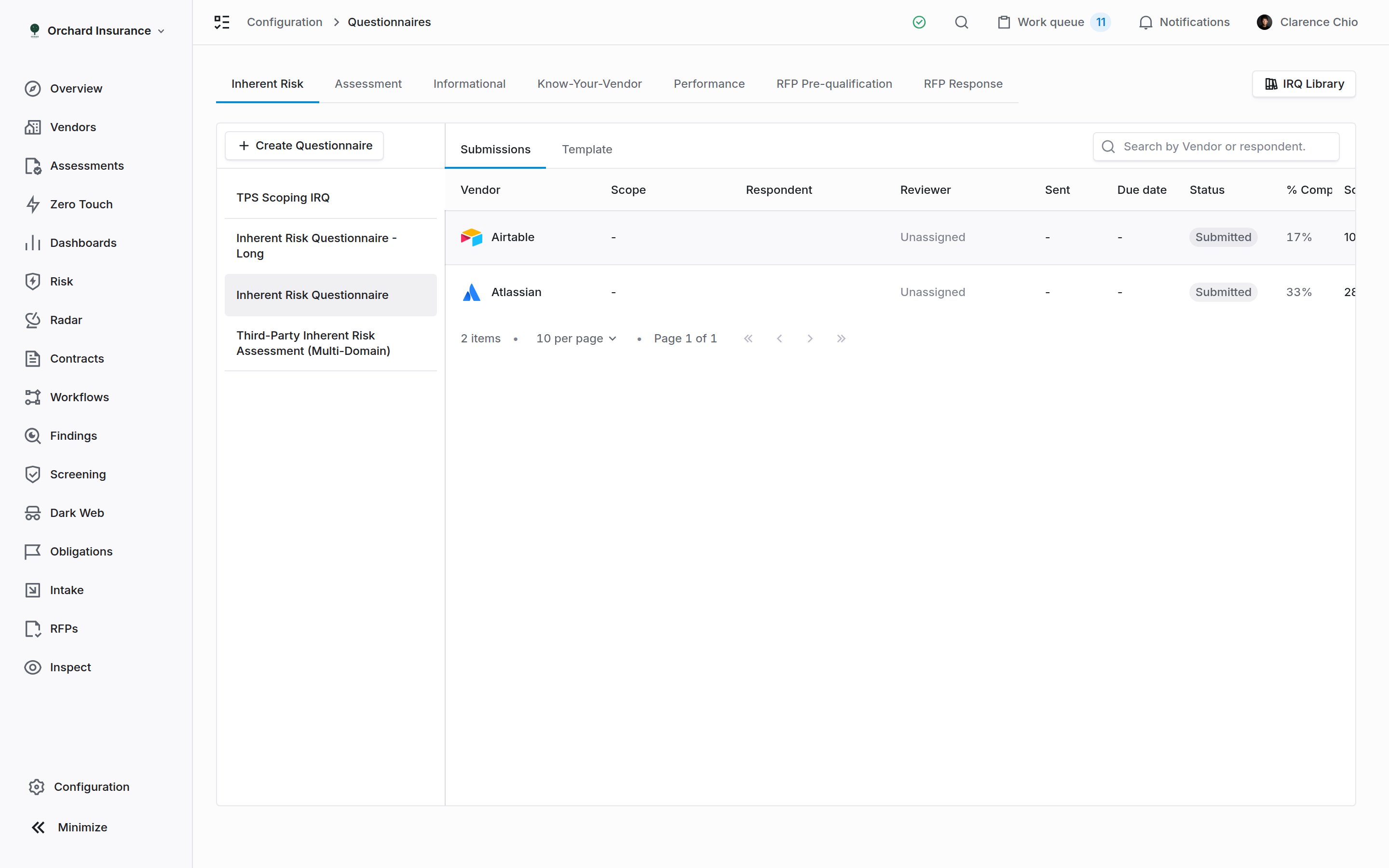 The Submissions tab of an inherent risk questionnaire listing vendors with status badges, reviewers, and scores
