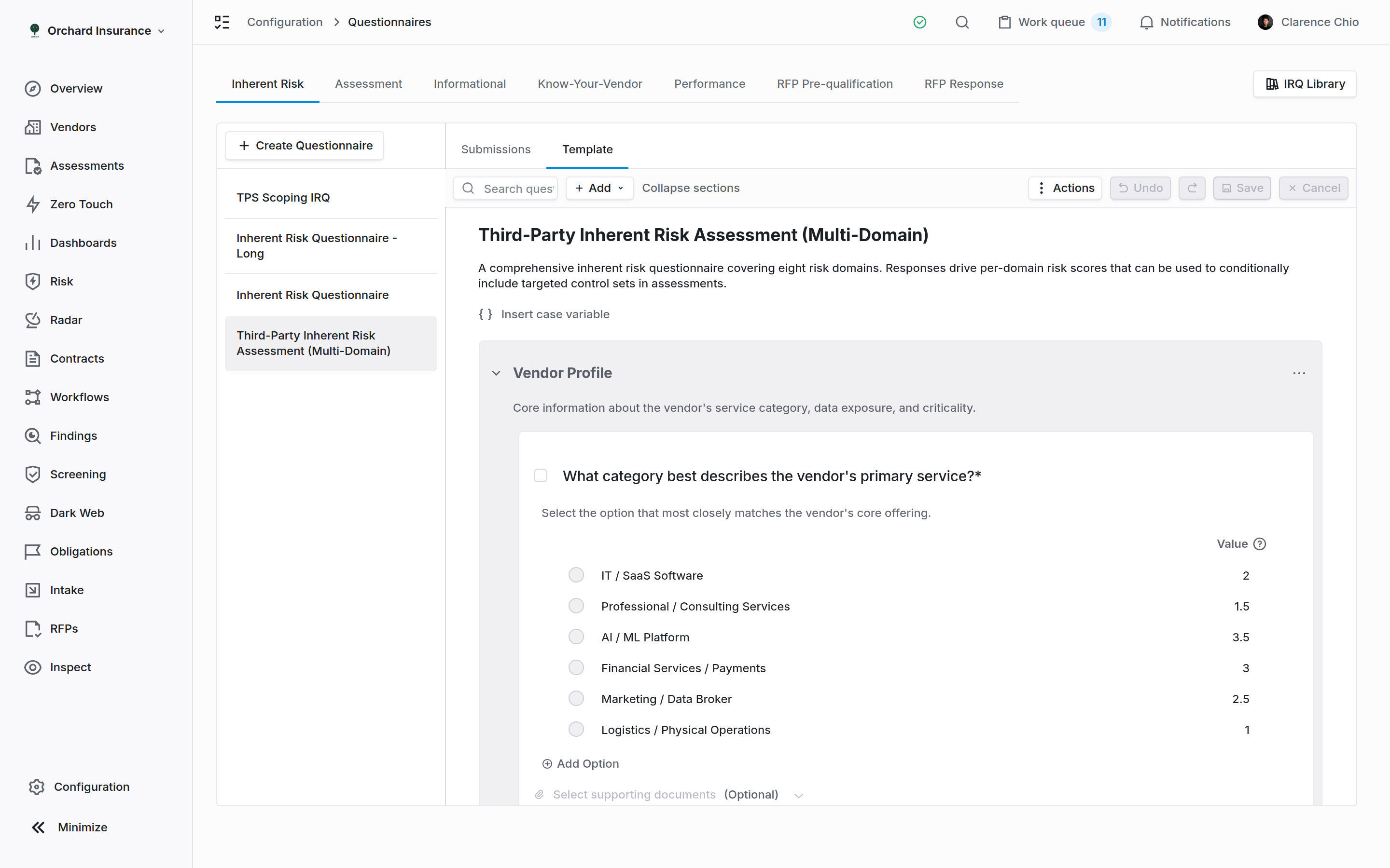 The Questionnaires page with the Inherent Risk tab selected and a template open on the Template tab