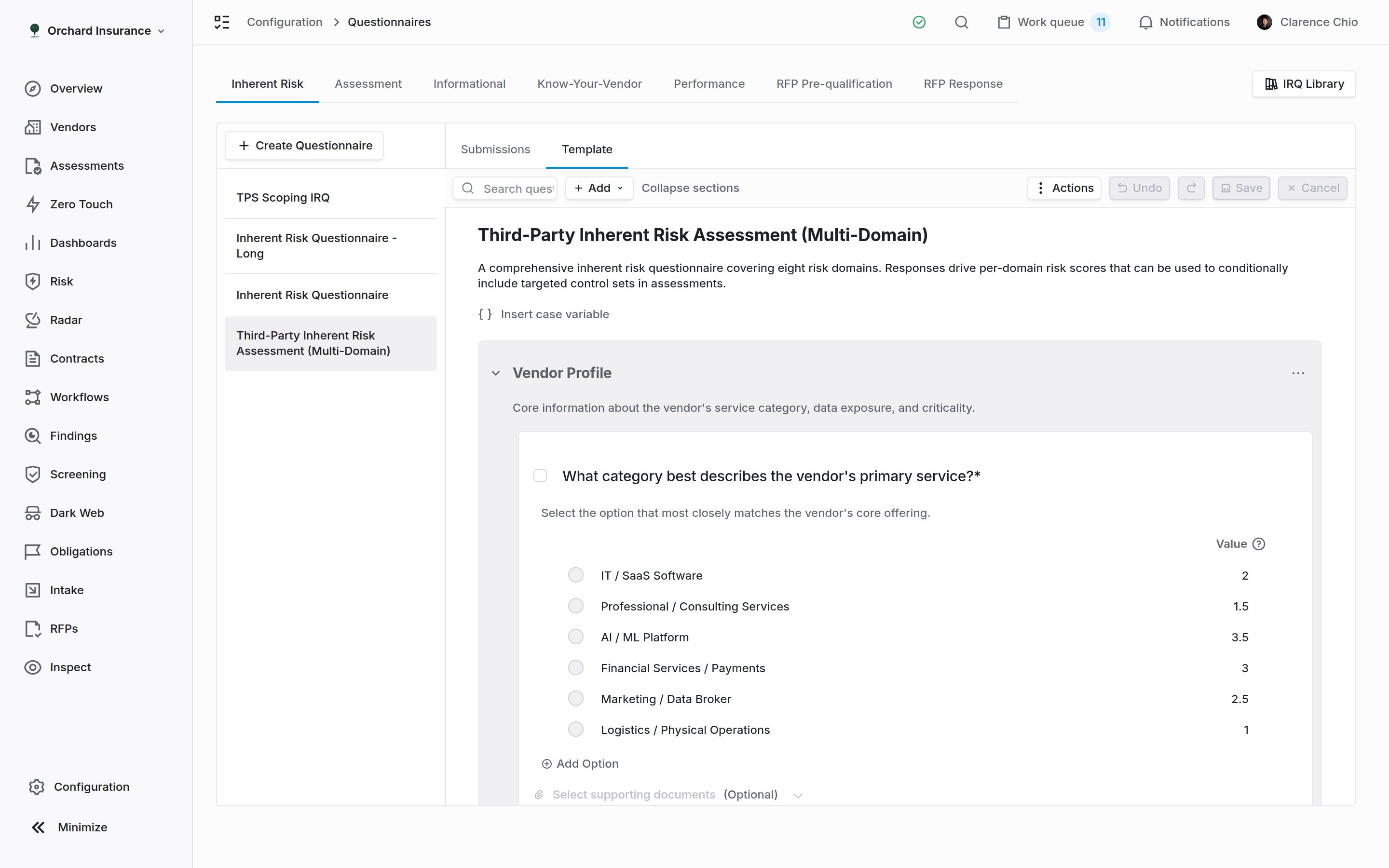 The Questionnaires page with the Inherent Risk tab selected and a template open on the Template tab