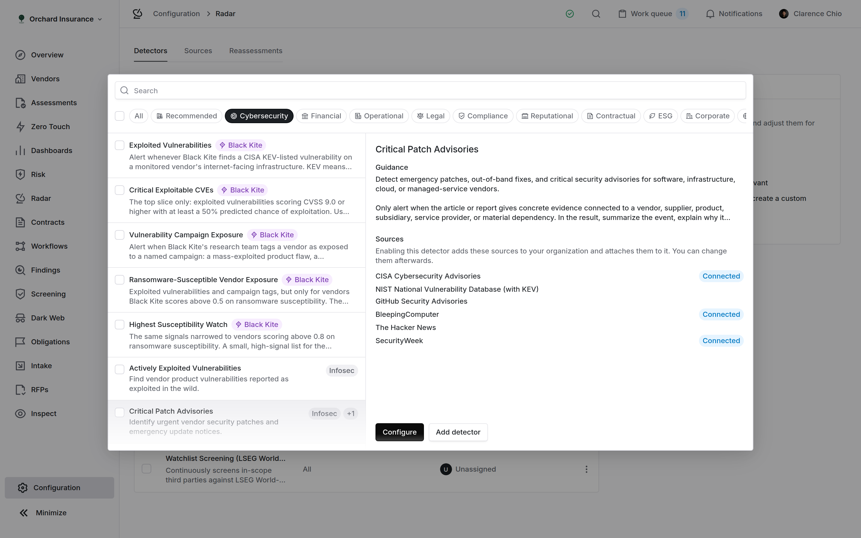 Detector library dialog with segment chips, a list of templates and a preview showing guidance and sources