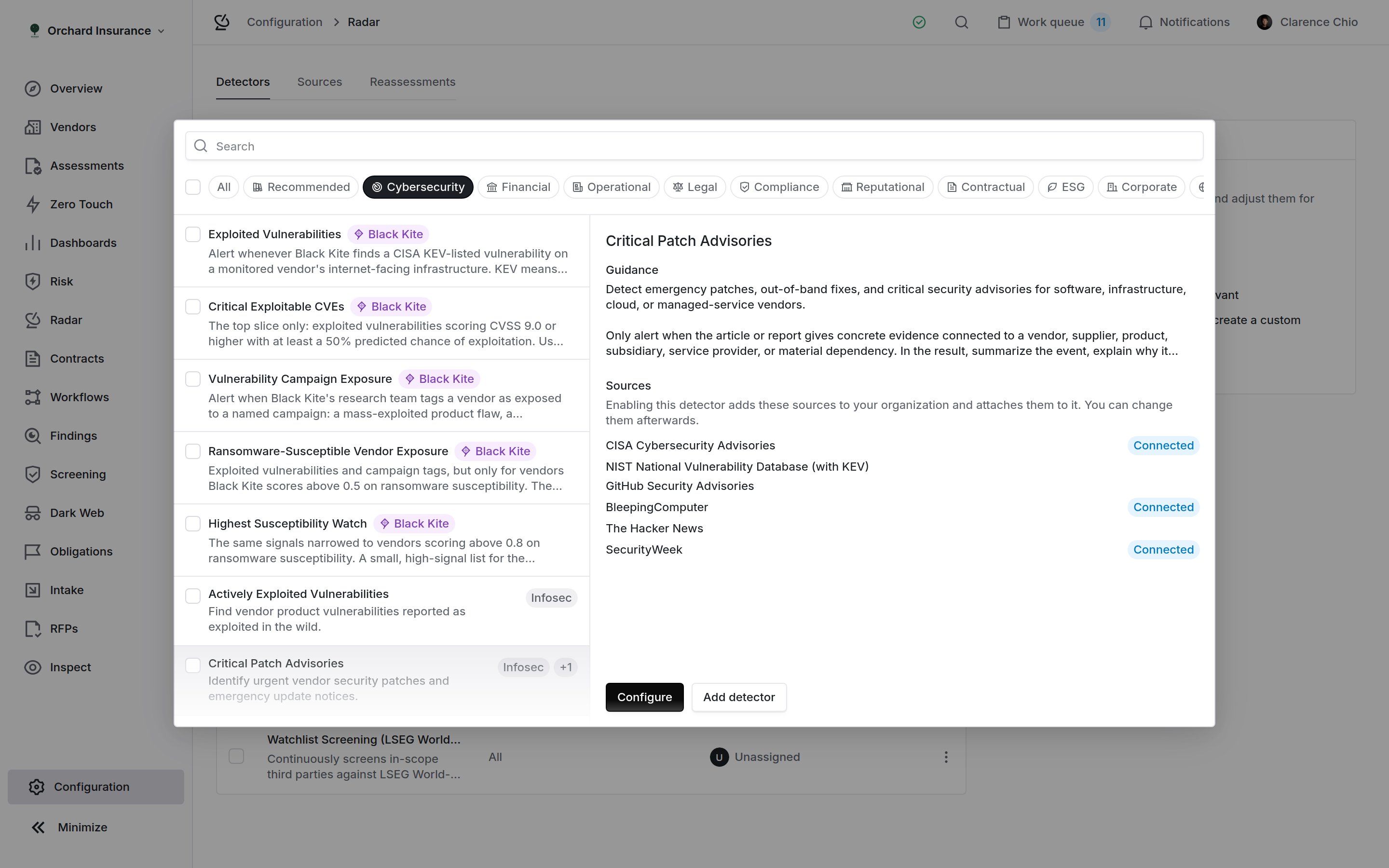 Detector library dialog with segment chips, a list of templates and a preview showing guidance and sources