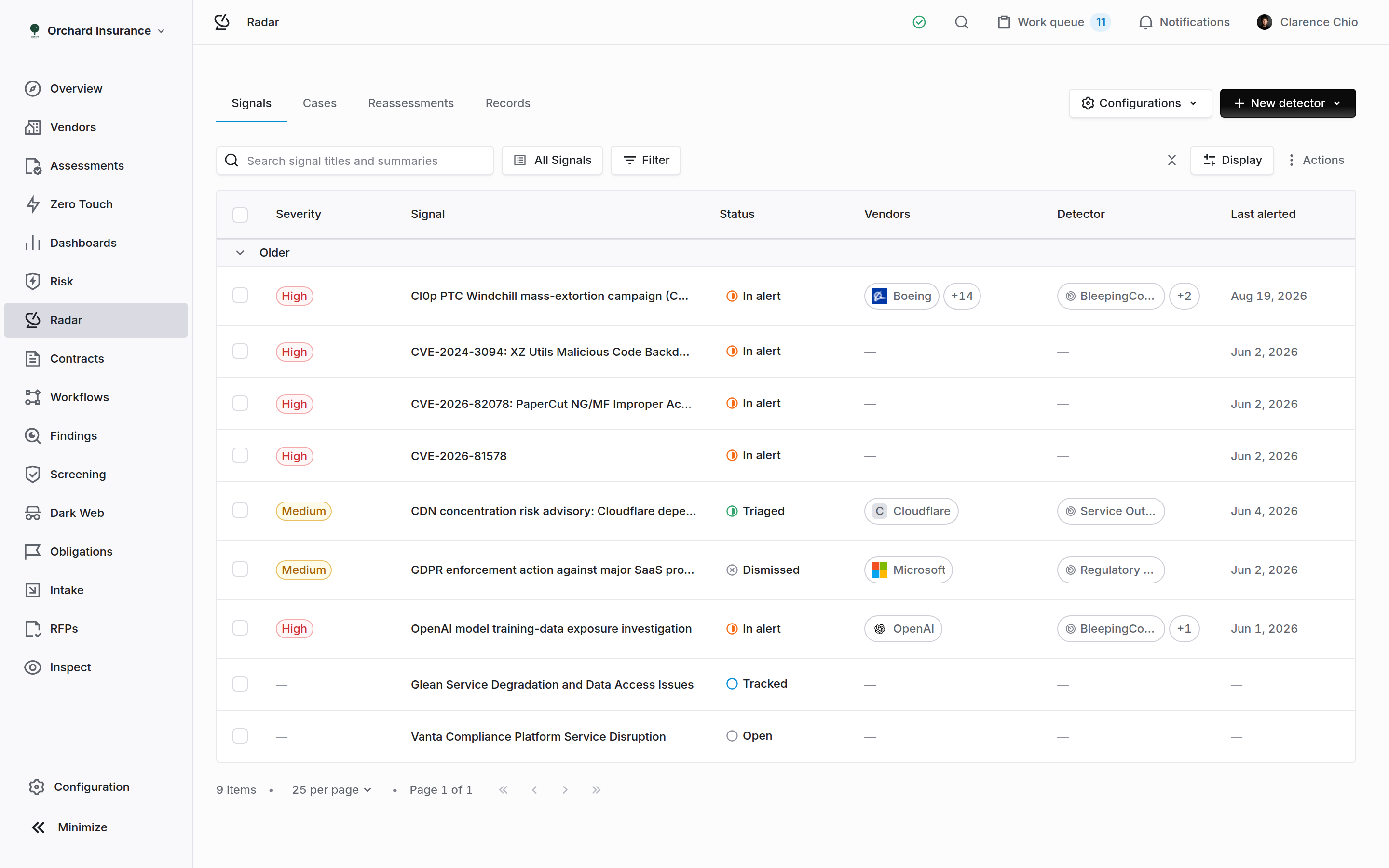 Radar Signals tab listing signals with severity, status, vendors and detectors