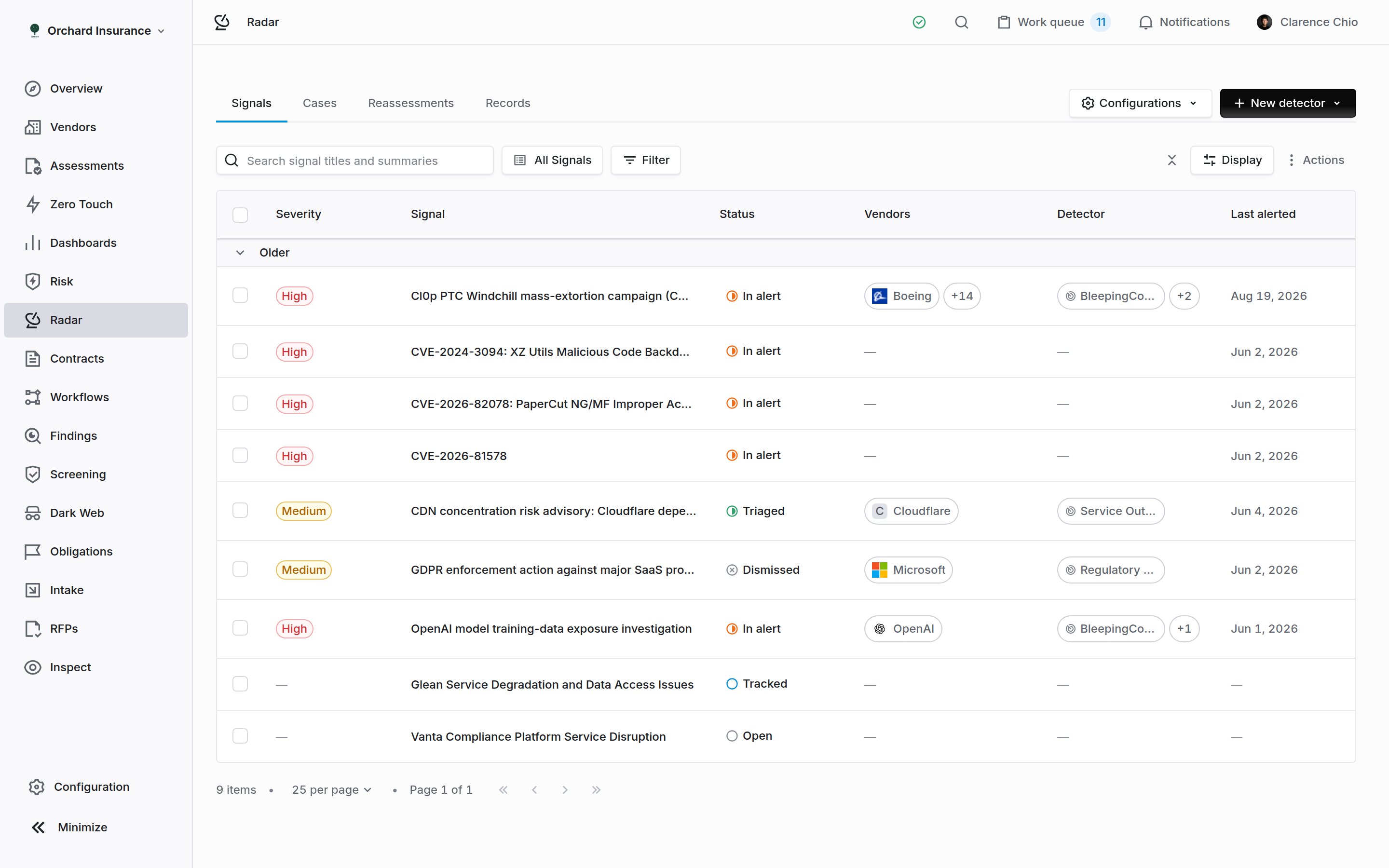 Radar Signals tab listing signals with severity, status, vendors and detectors