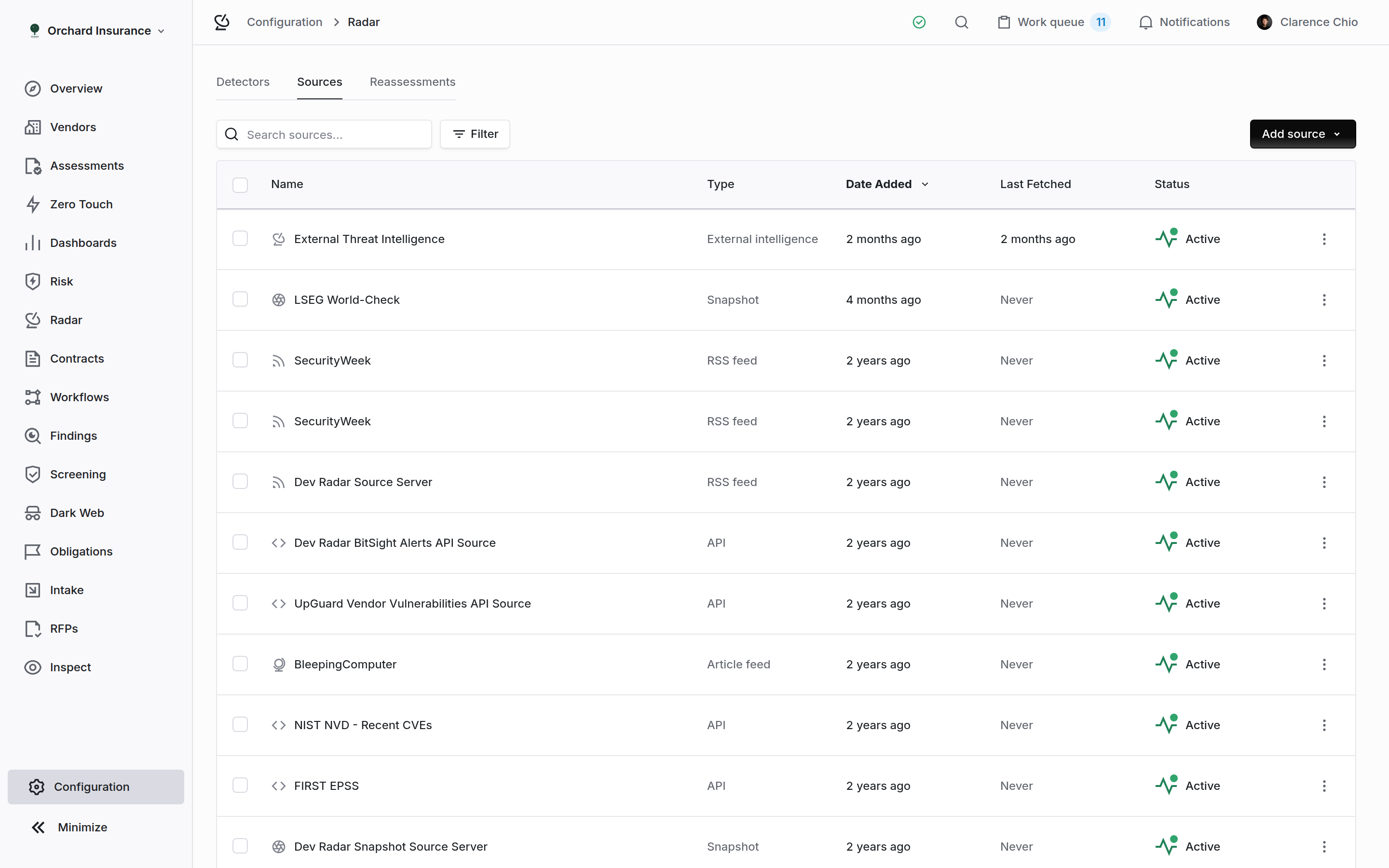 Radar sources list with Name, Type, Date Added, Last Fetched and Status columns