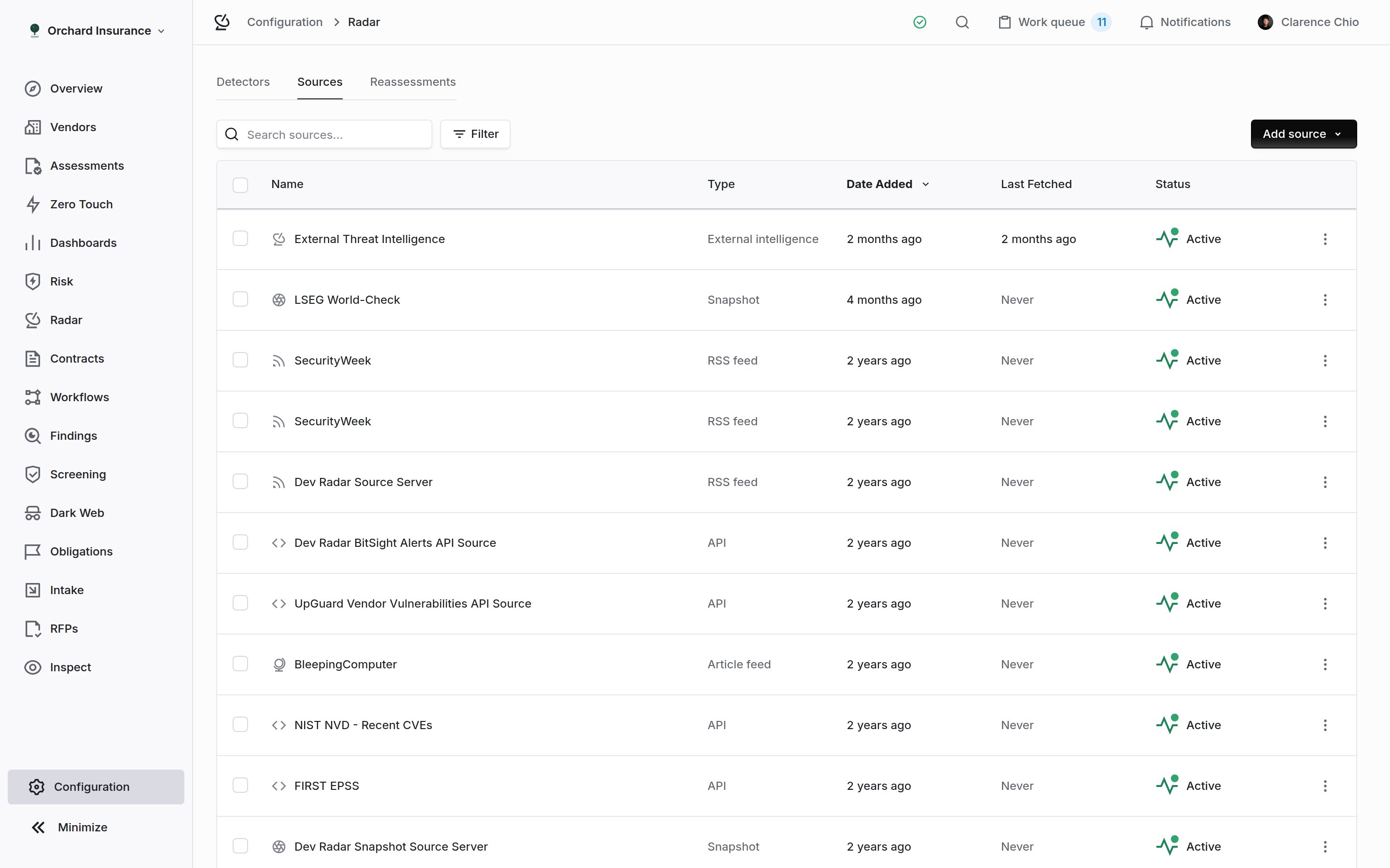 Radar sources list with Name, Type, Date Added, Last Fetched and Status columns