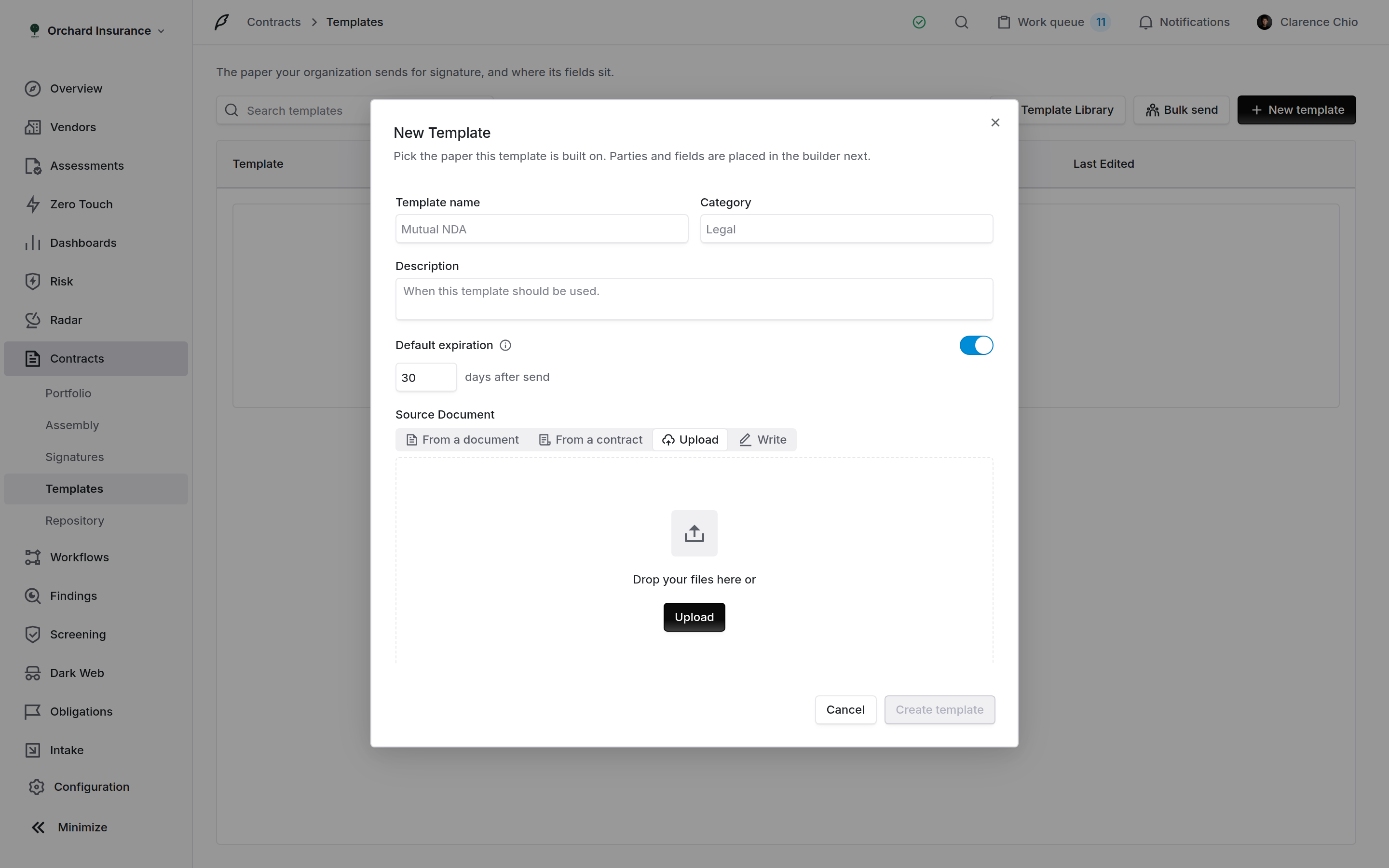New Template dialog with name, category, description, default expiration and source document picker