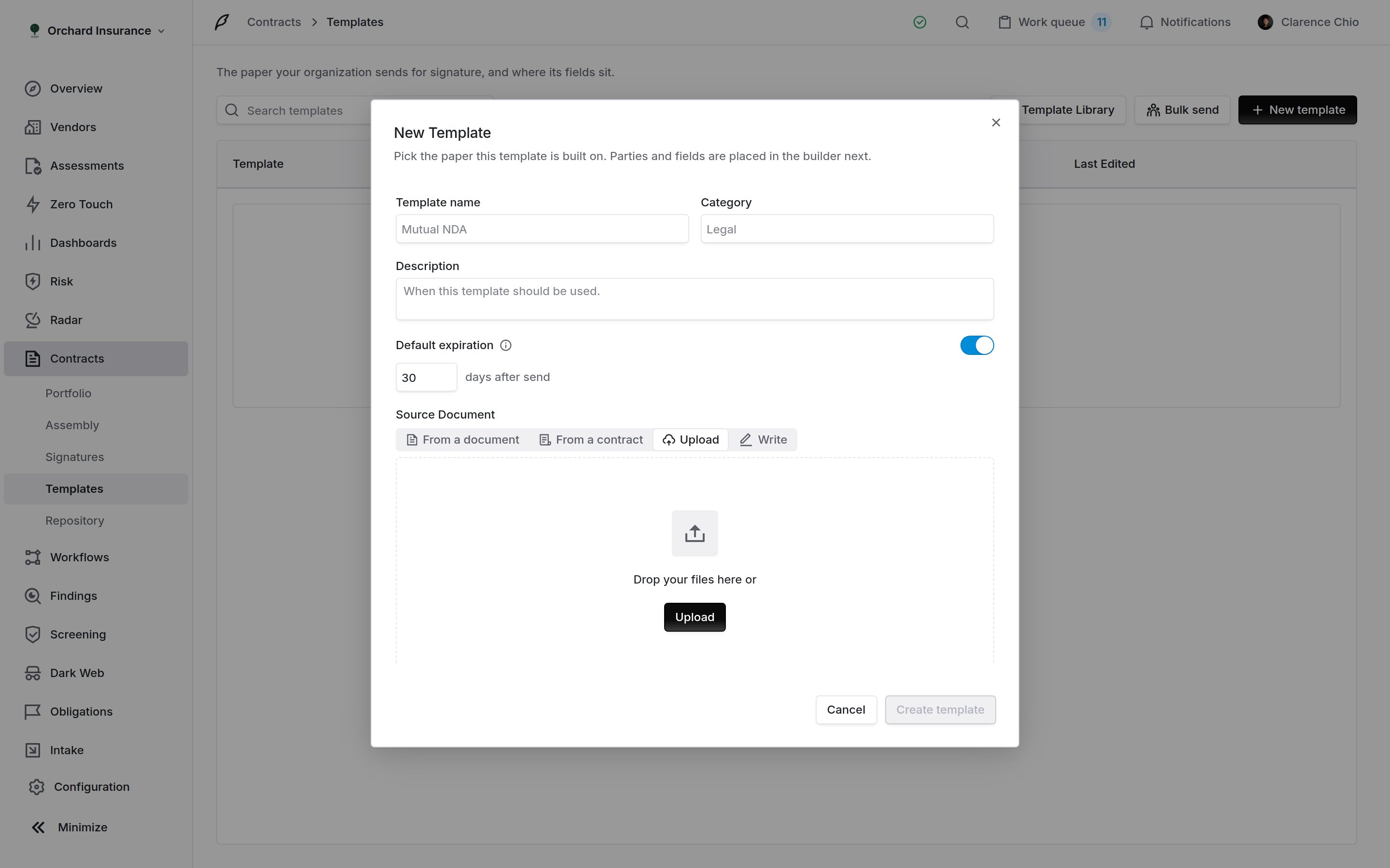 New Template dialog with name, category, description, default expiration and source document picker