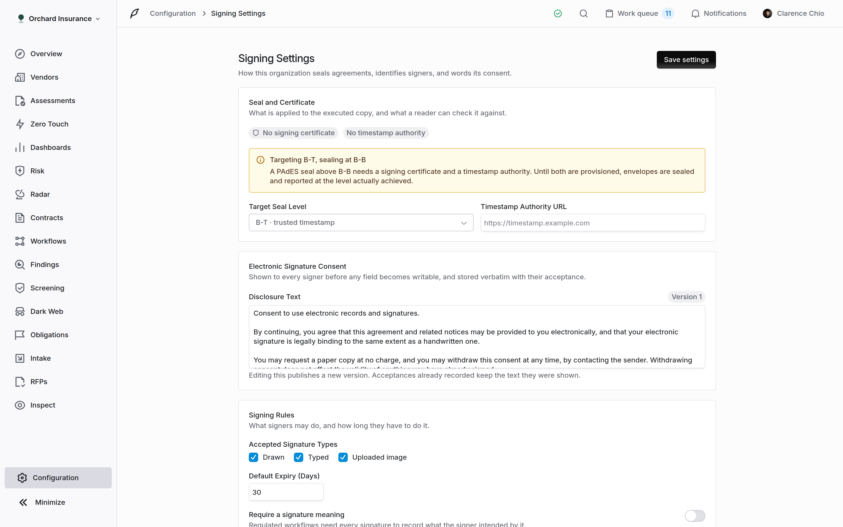 Signing Settings page showing seal and certificate, electronic signature consent, and signing rules sections