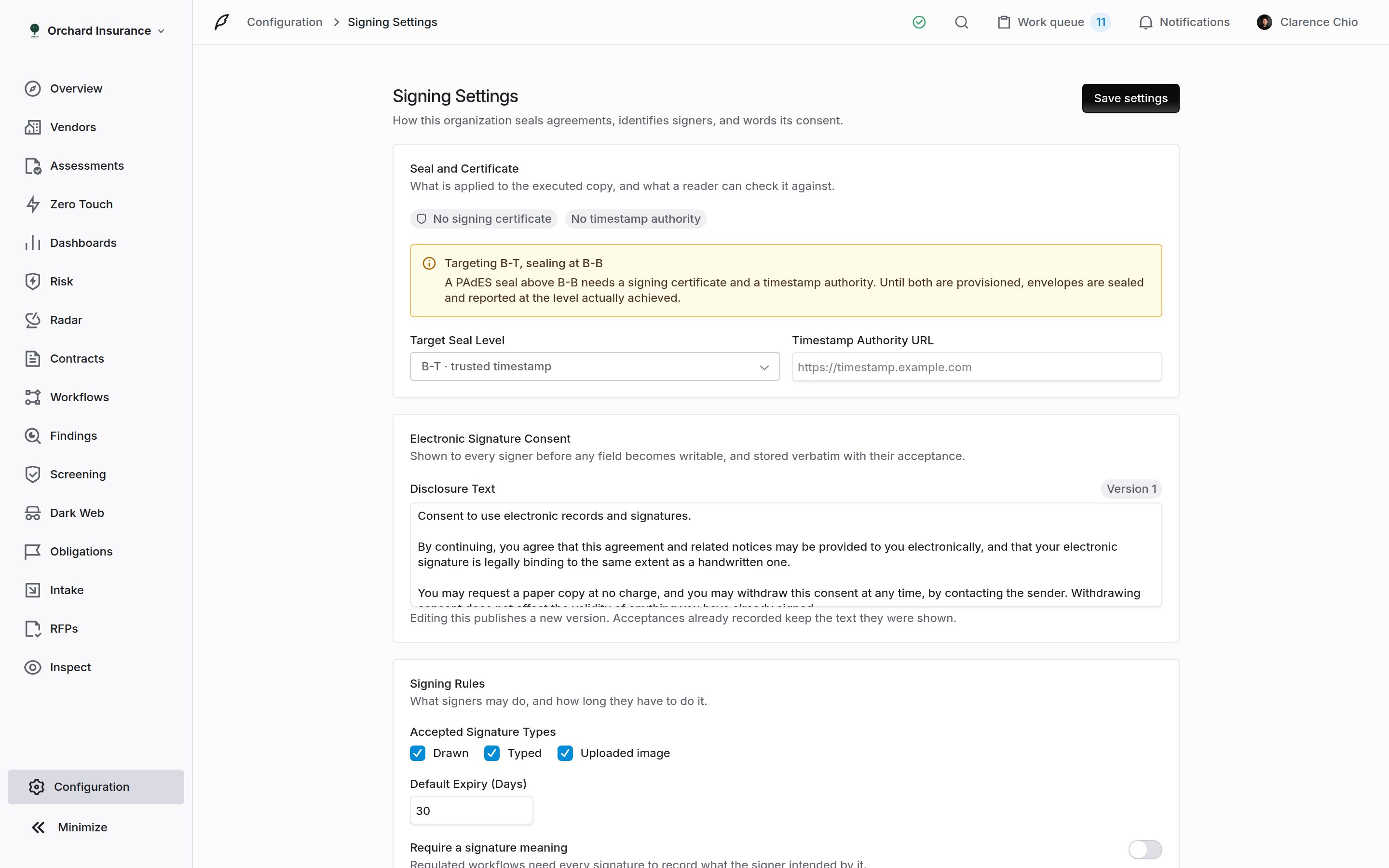 Signing Settings page showing seal and certificate, electronic signature consent, and signing rules sections