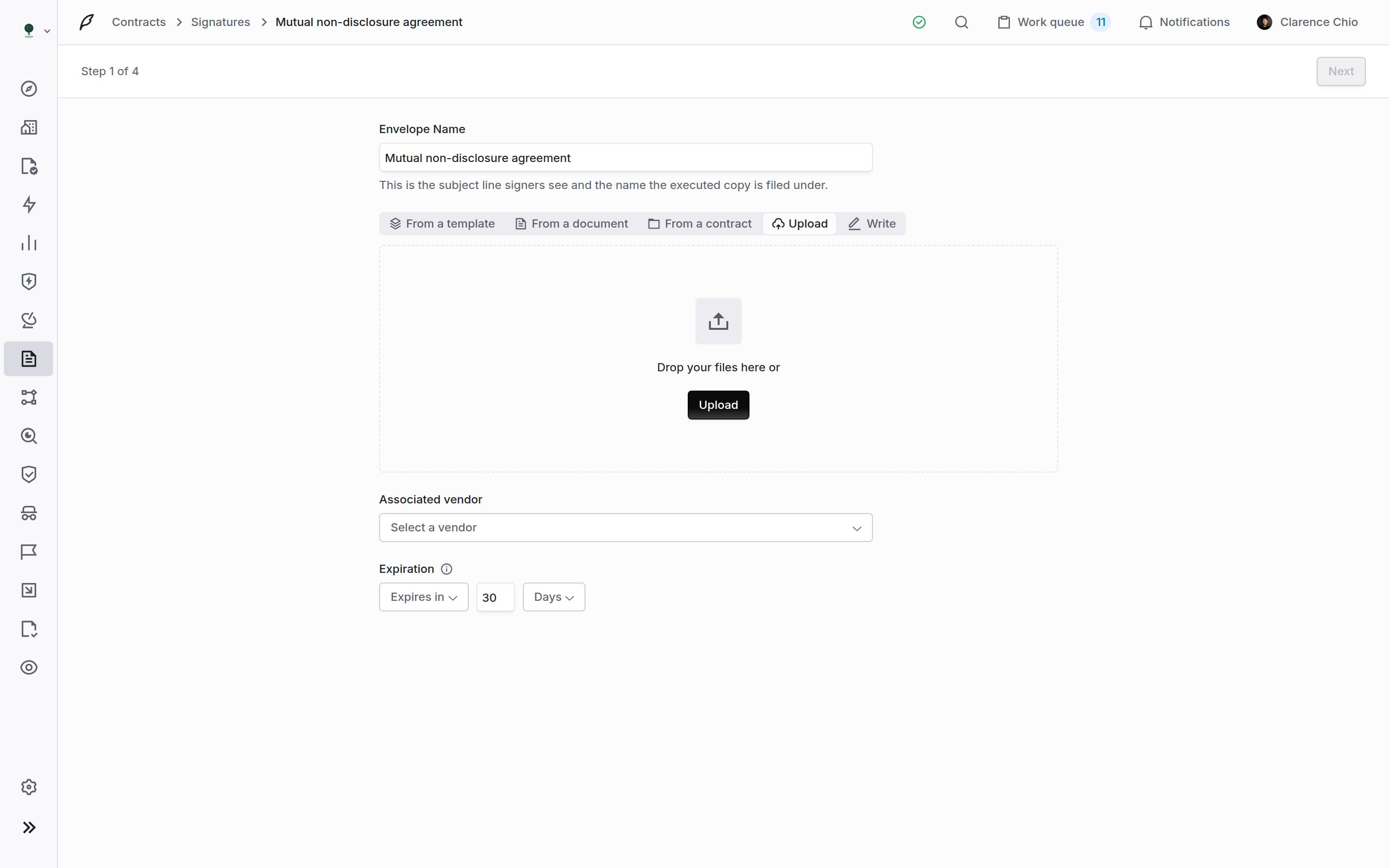 Send wizard step one showing envelope name, the five paper sources with Upload selected, associated vendor and expiration