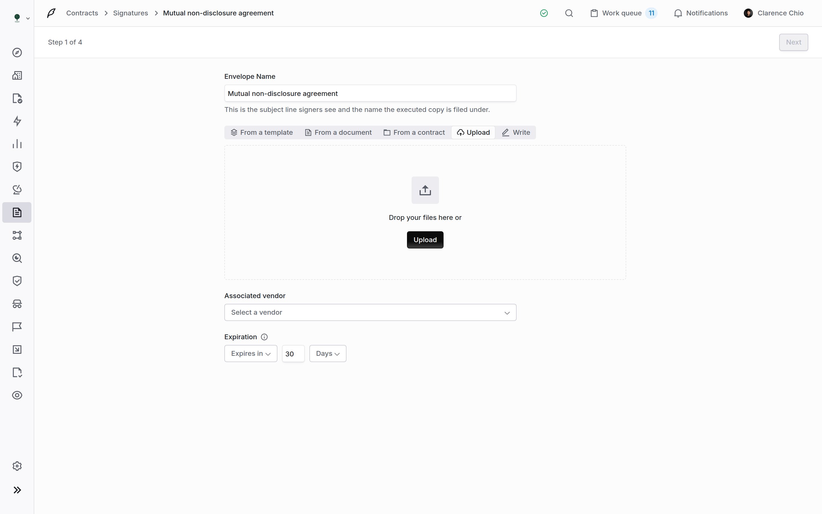 Send wizard step one showing envelope name, the five paper sources with Upload selected, associated vendor and expiration