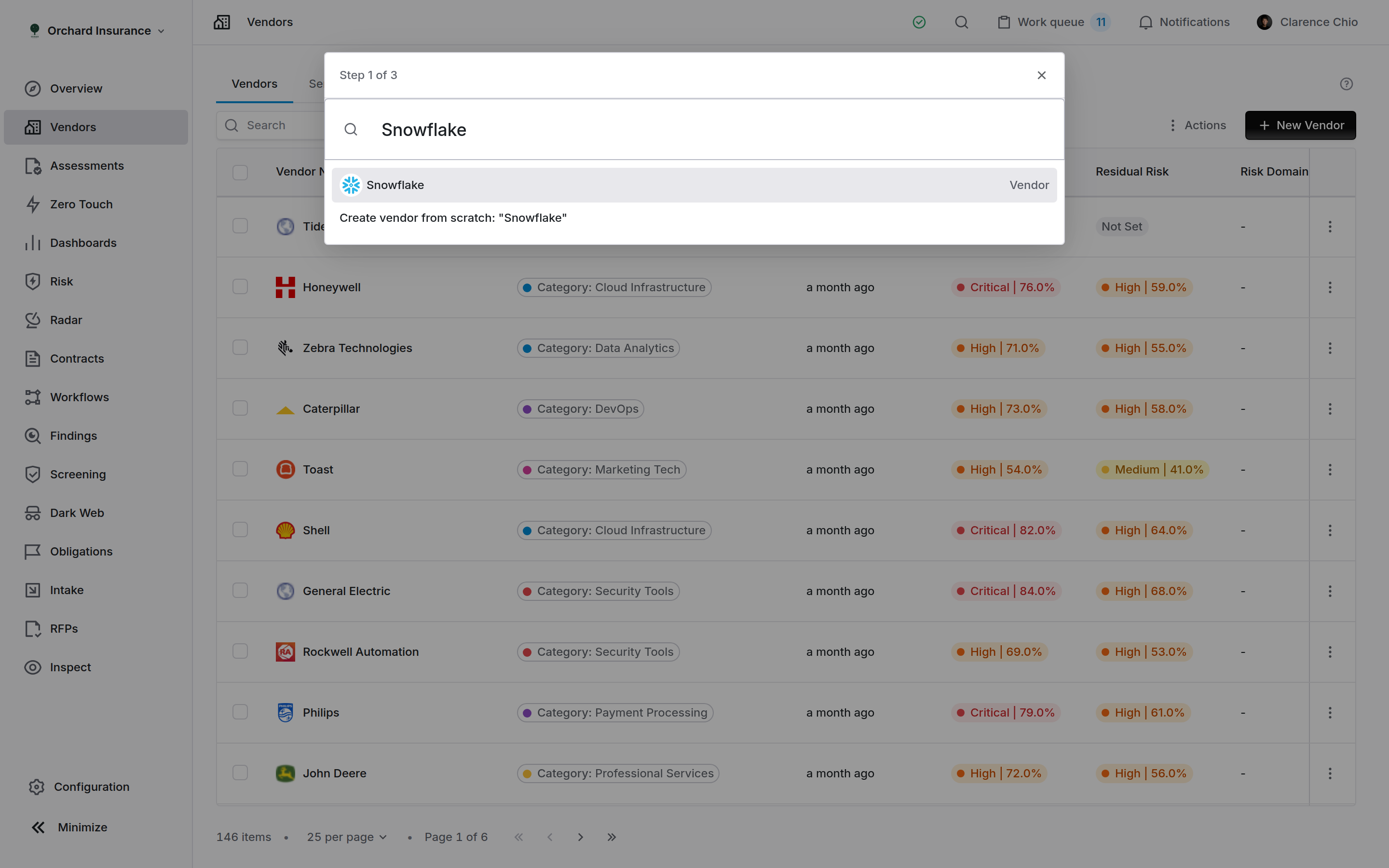 New Vendor picker showing an existing vendor match and the create from scratch option