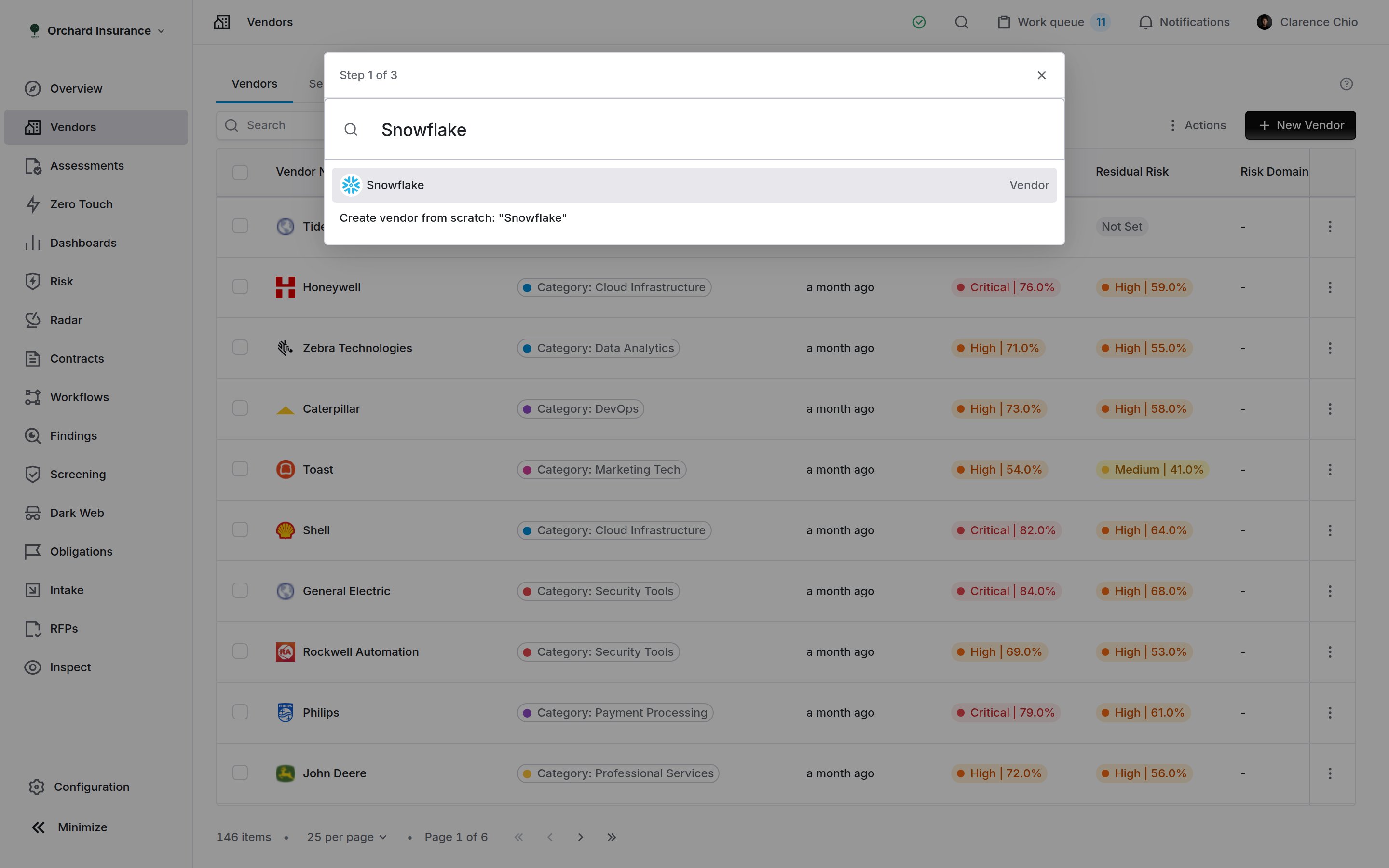 New Vendor picker showing an existing vendor match and the create from scratch option