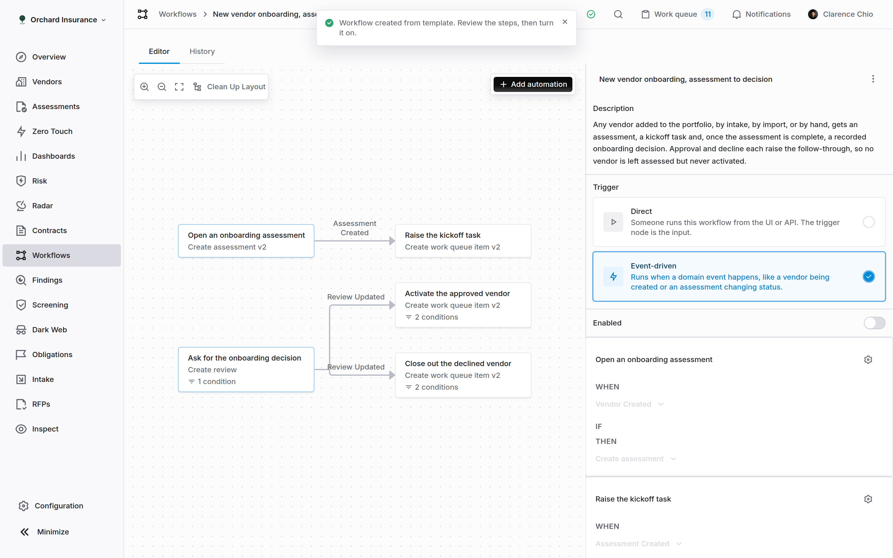 New vendor onboarding, assessment to decision open in the Coverbase workflow editor, with five steps in two connected groups and the Enabled toggle off