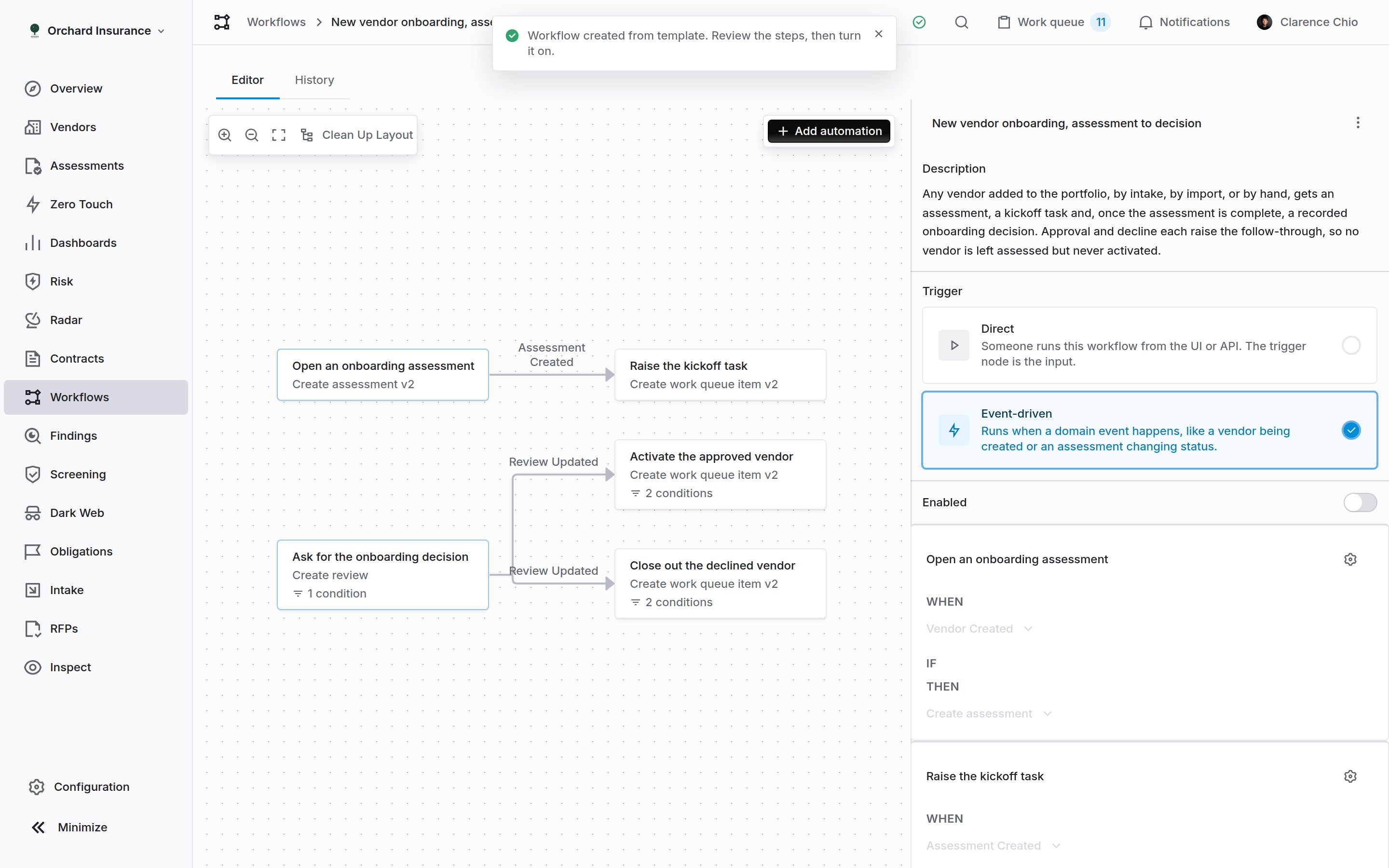 New vendor onboarding, assessment to decision open in the Coverbase workflow editor, with five steps in two connected groups and the Enabled toggle off