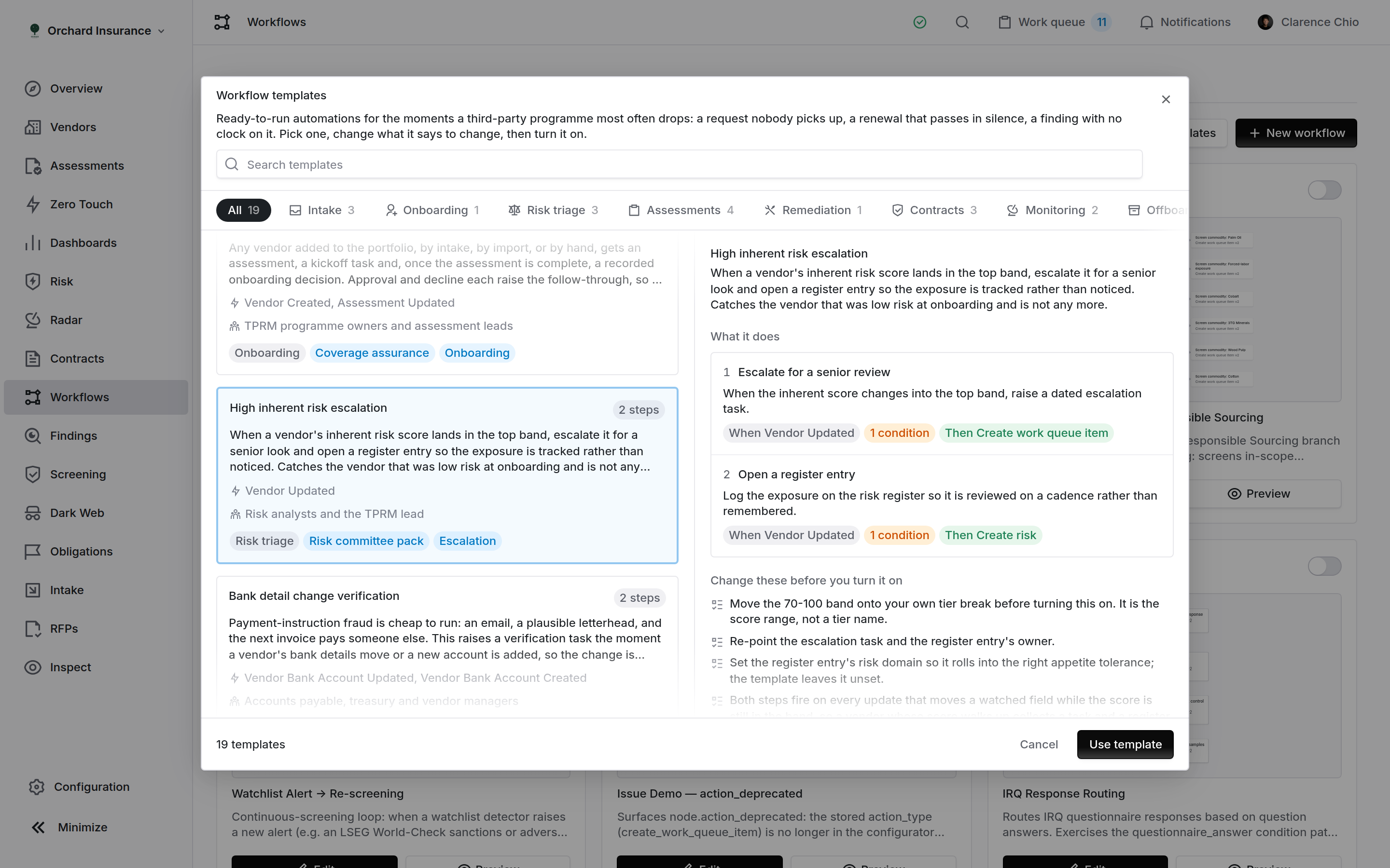 The detail pane for High inherent risk escalation, showing two steps and four setup notes