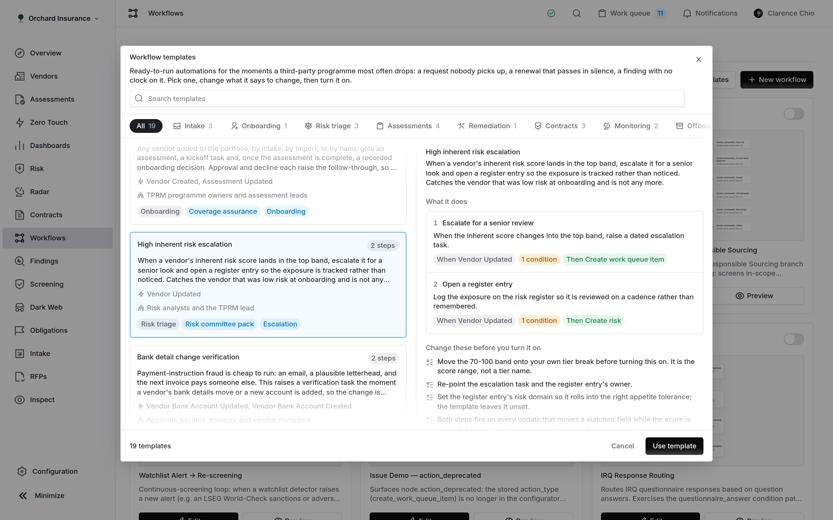 The detail pane for High inherent risk escalation, showing two steps and four setup notes