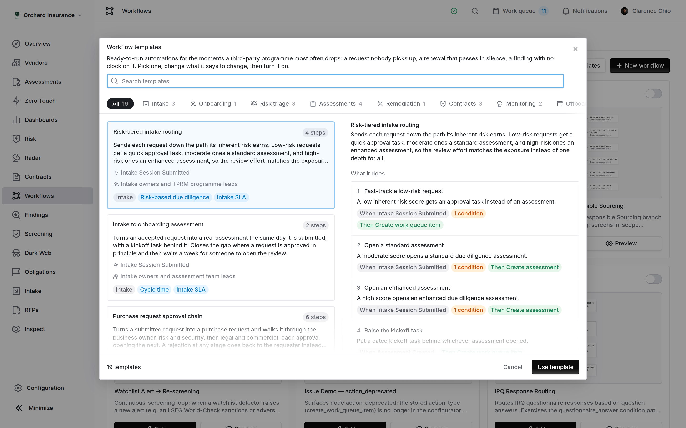 The Coverbase workflow template gallery, showing template cards, lifecycle shelves and a detail pane