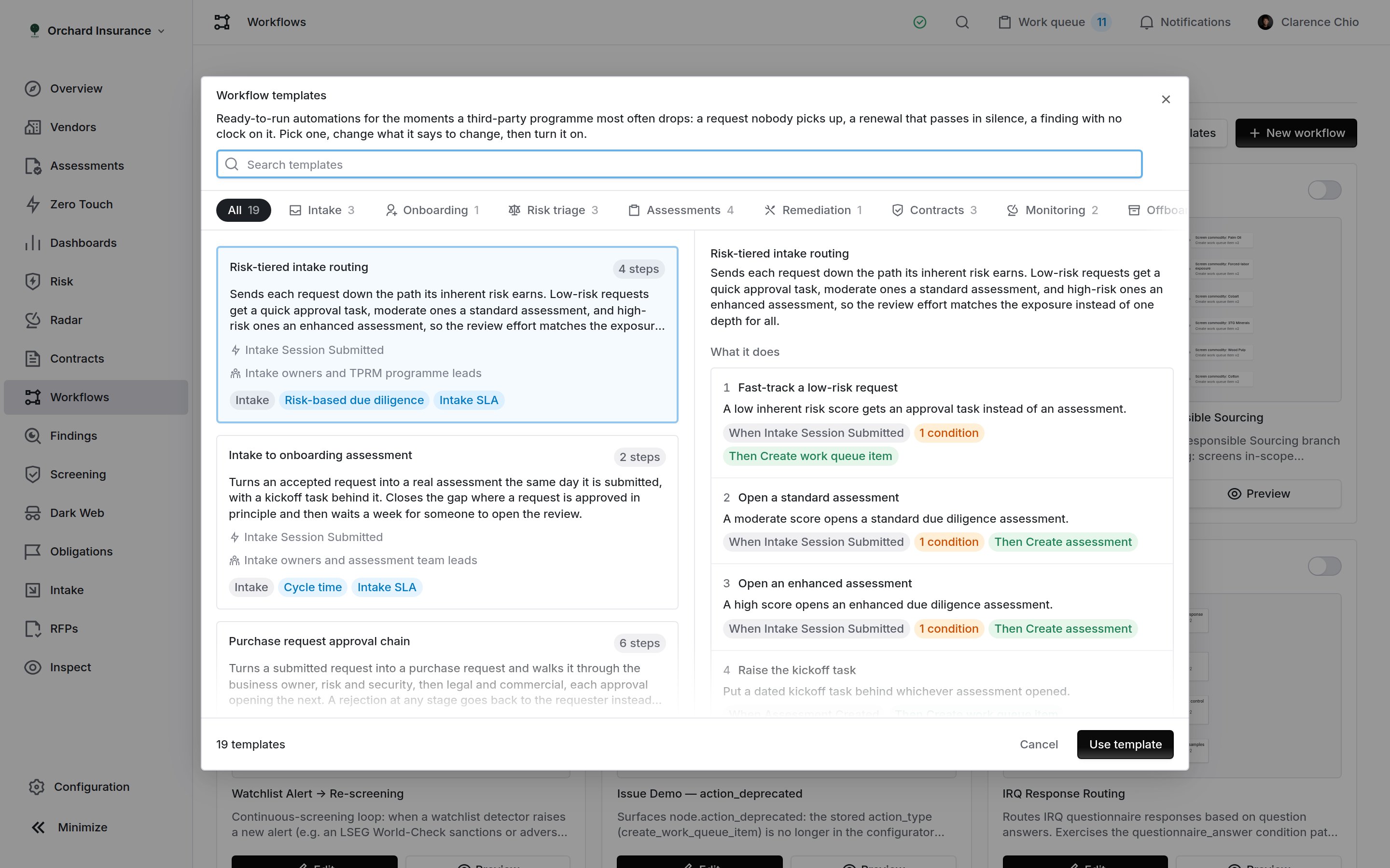 The Coverbase workflow template gallery, showing template cards, lifecycle shelves and a detail pane