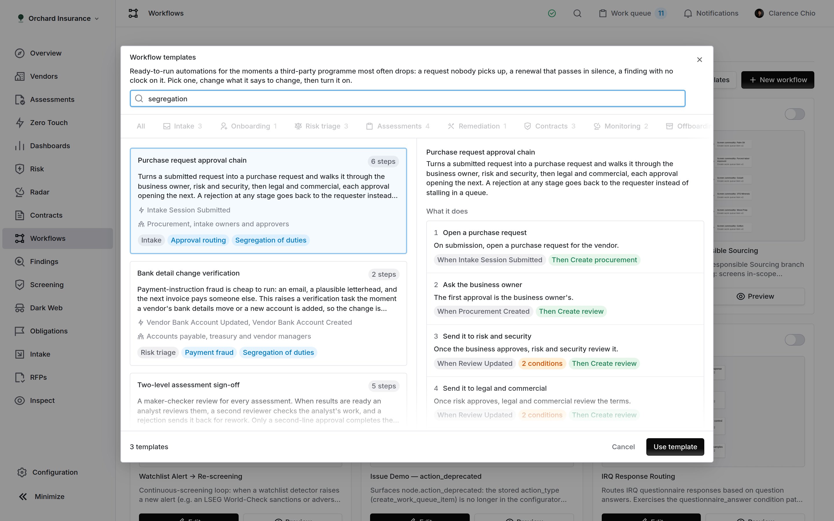 Searching the workflow template gallery for 'segregation', showing three templates from different shelves that carry the Segregation of duties label