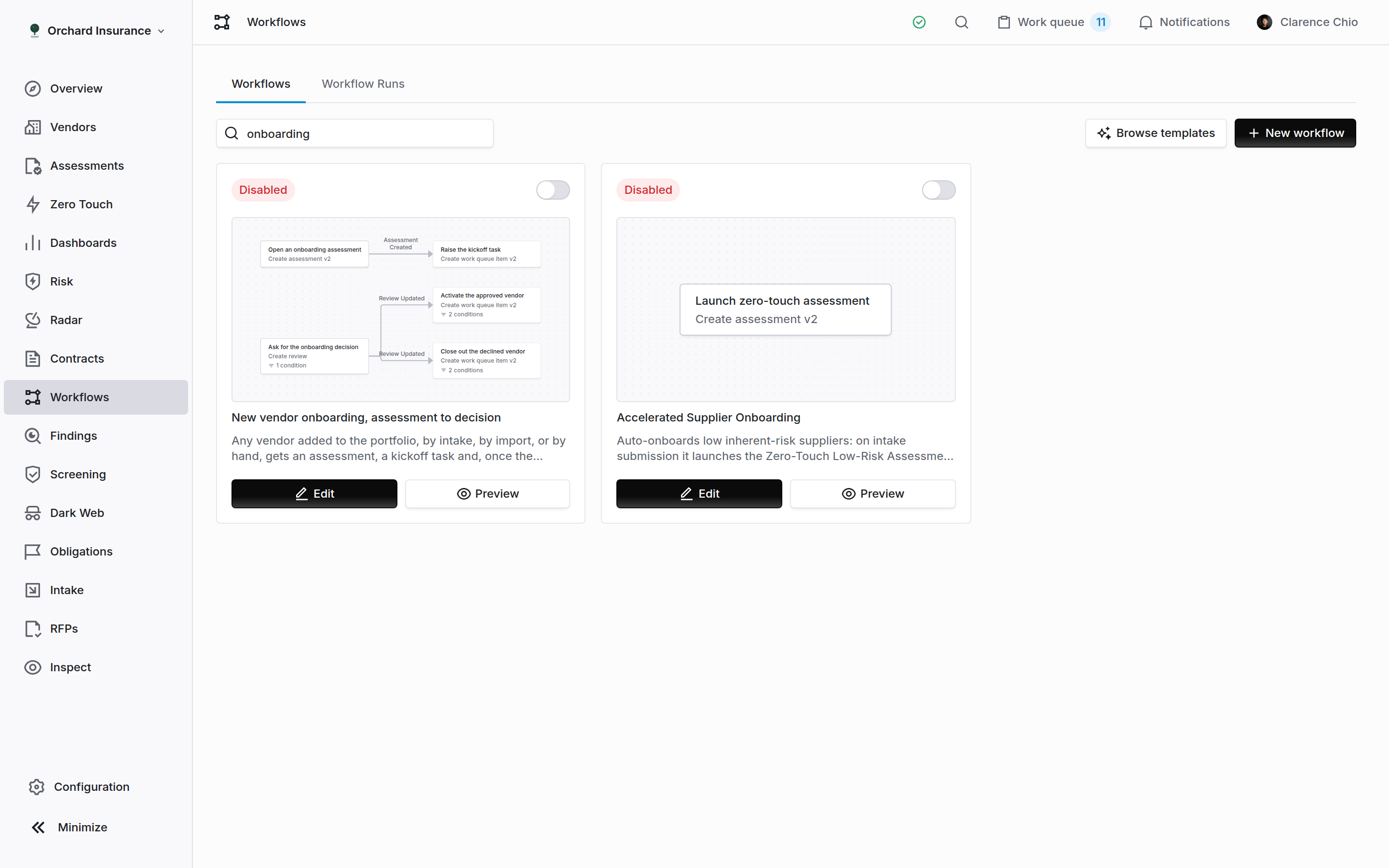 The Coverbase workflows list searched for 'onboarding', showing the applied template beside a hand-built workflow