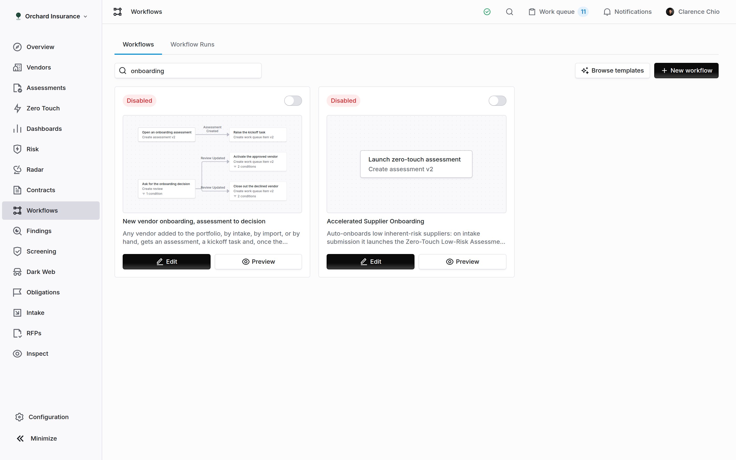 The Coverbase workflows list searched for 'onboarding', showing the applied template beside a hand-built workflow