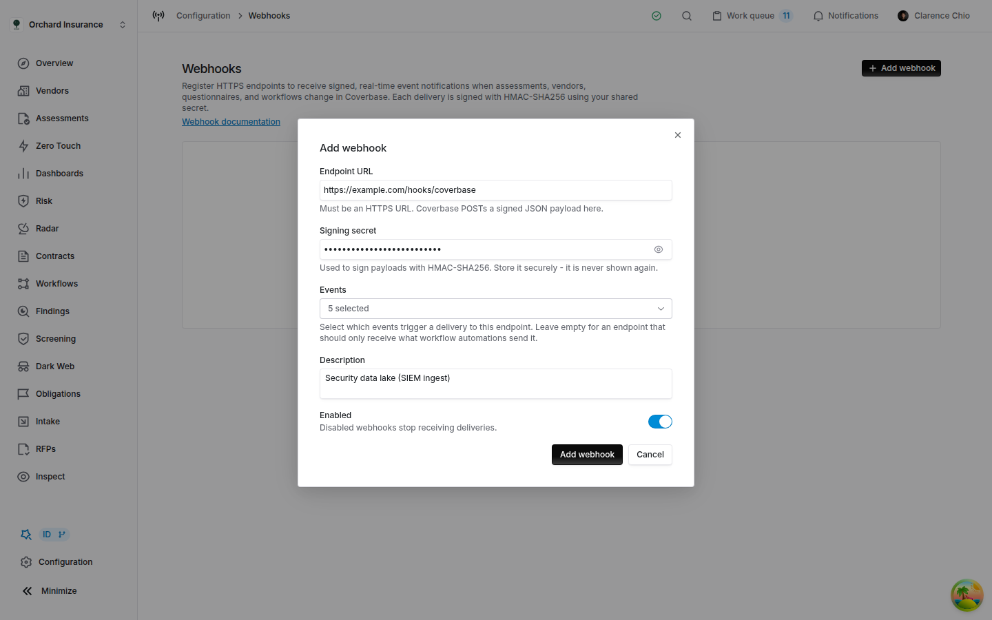 The Coverbase Add webhook dialog with an endpoint URL, a masked signing secret, five events selected, a description and the Enabled switch on