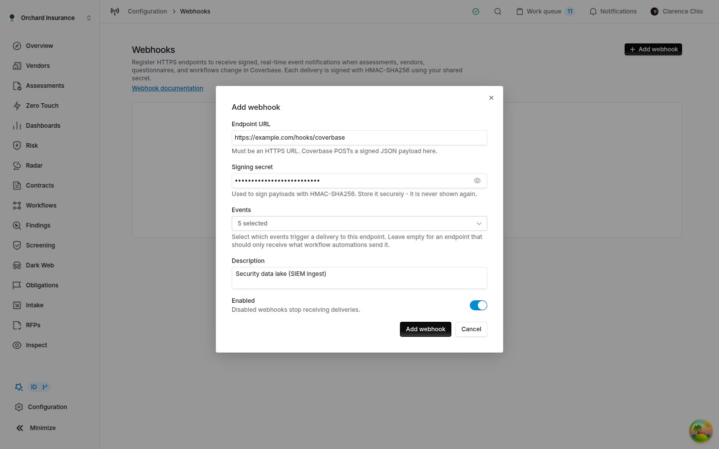 The Coverbase Add webhook dialog with an endpoint URL, a masked signing secret, five events selected, a description and the Enabled switch on