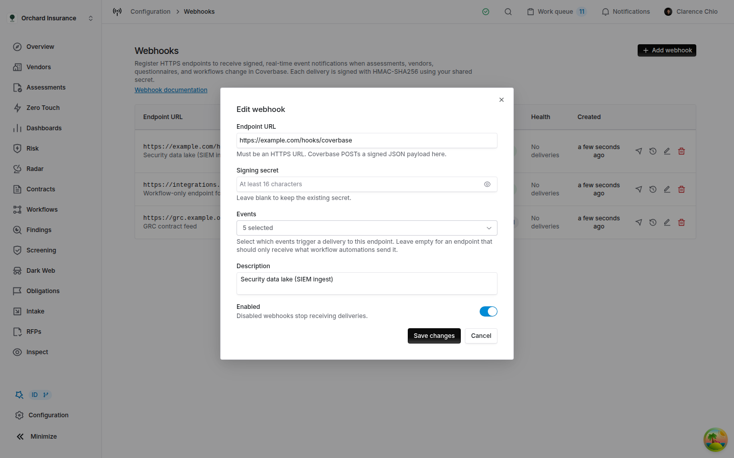 The Coverbase Edit webhook dialog with the signing secret field empty and the help text Leave blank to keep the existing secret