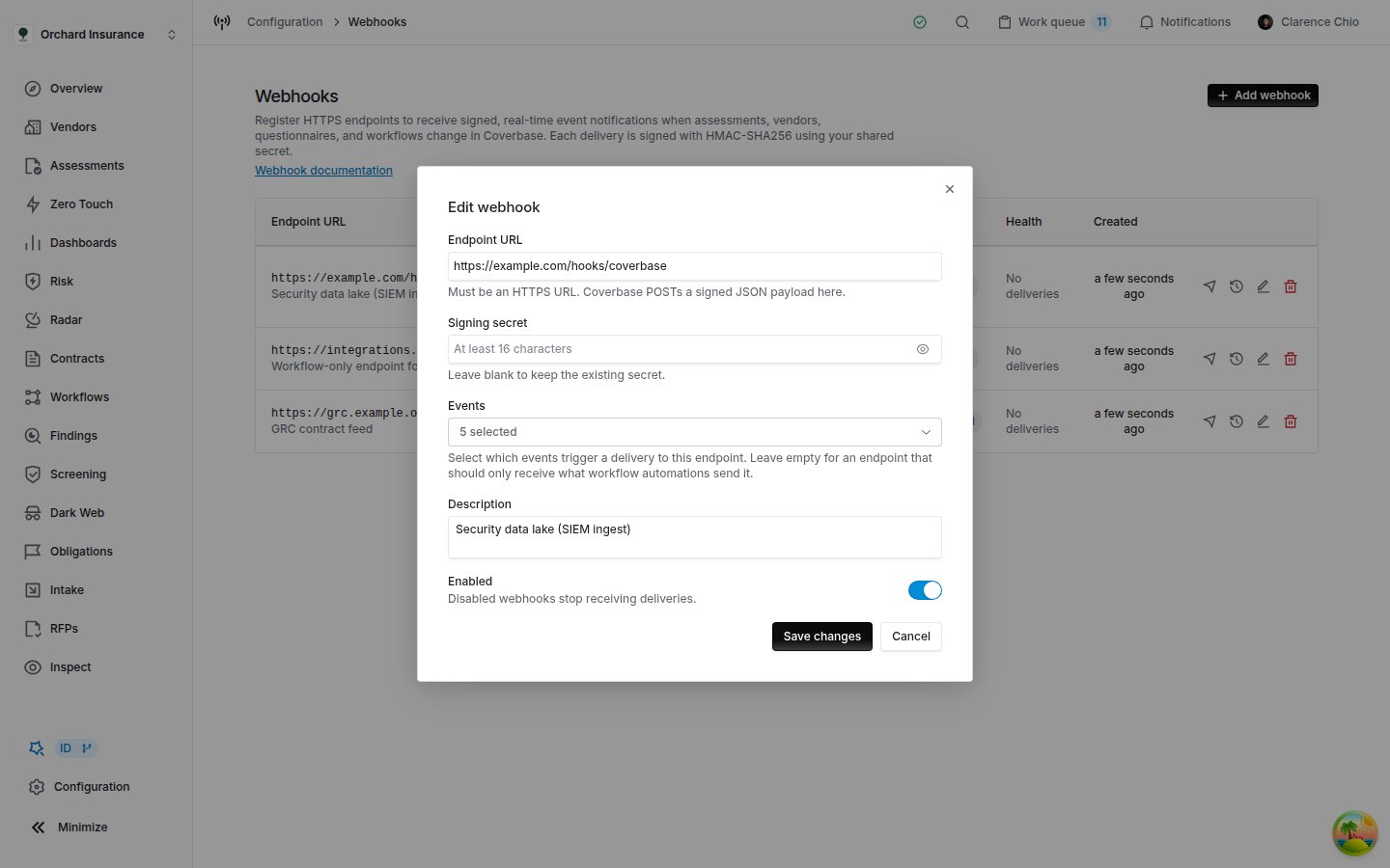 The Coverbase Edit webhook dialog with the signing secret field empty and the help text Leave blank to keep the existing secret