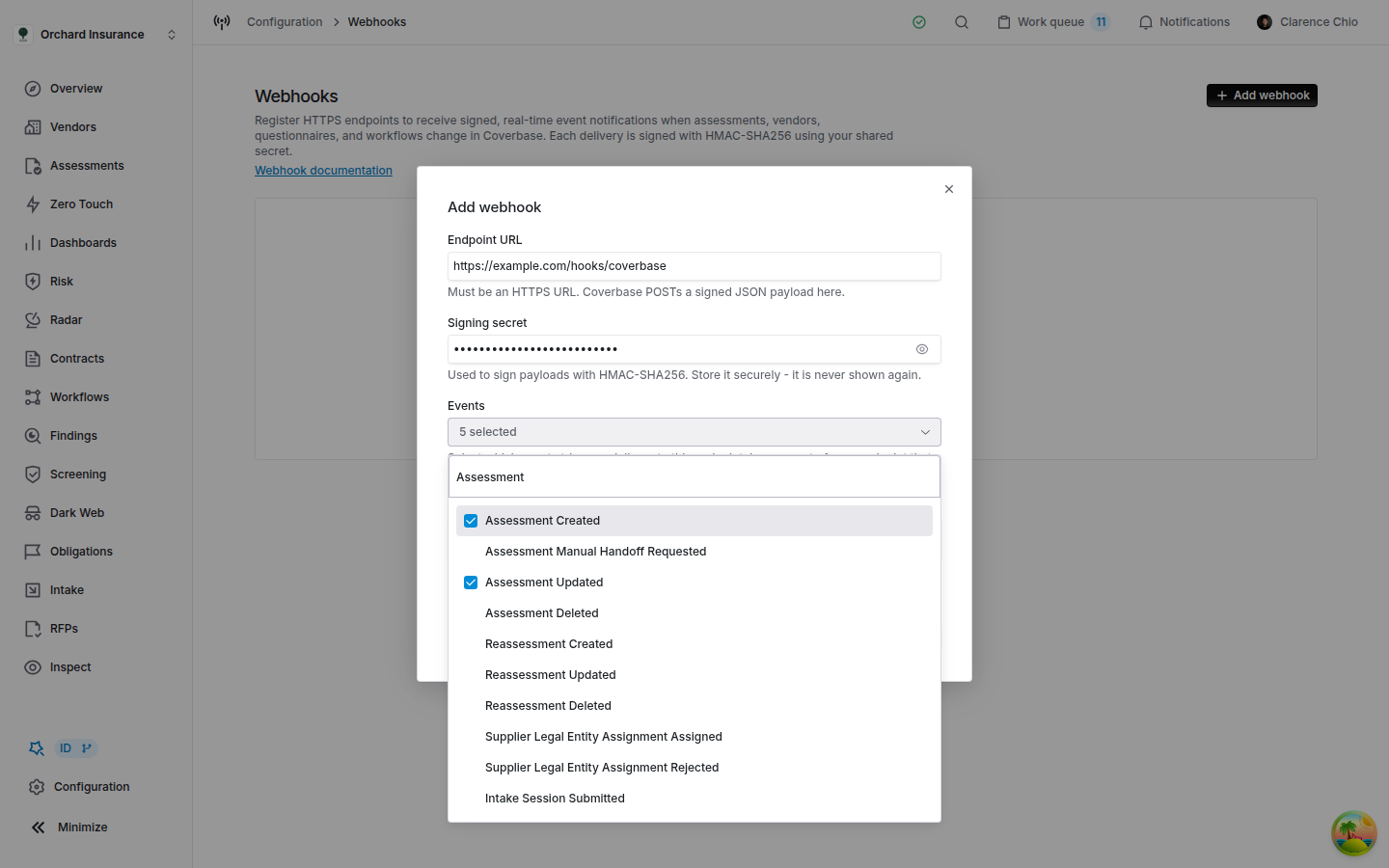 The Coverbase Events picker open over the Add webhook form, filtered to assessment events, with Assessment Created and Assessment Updated ticked