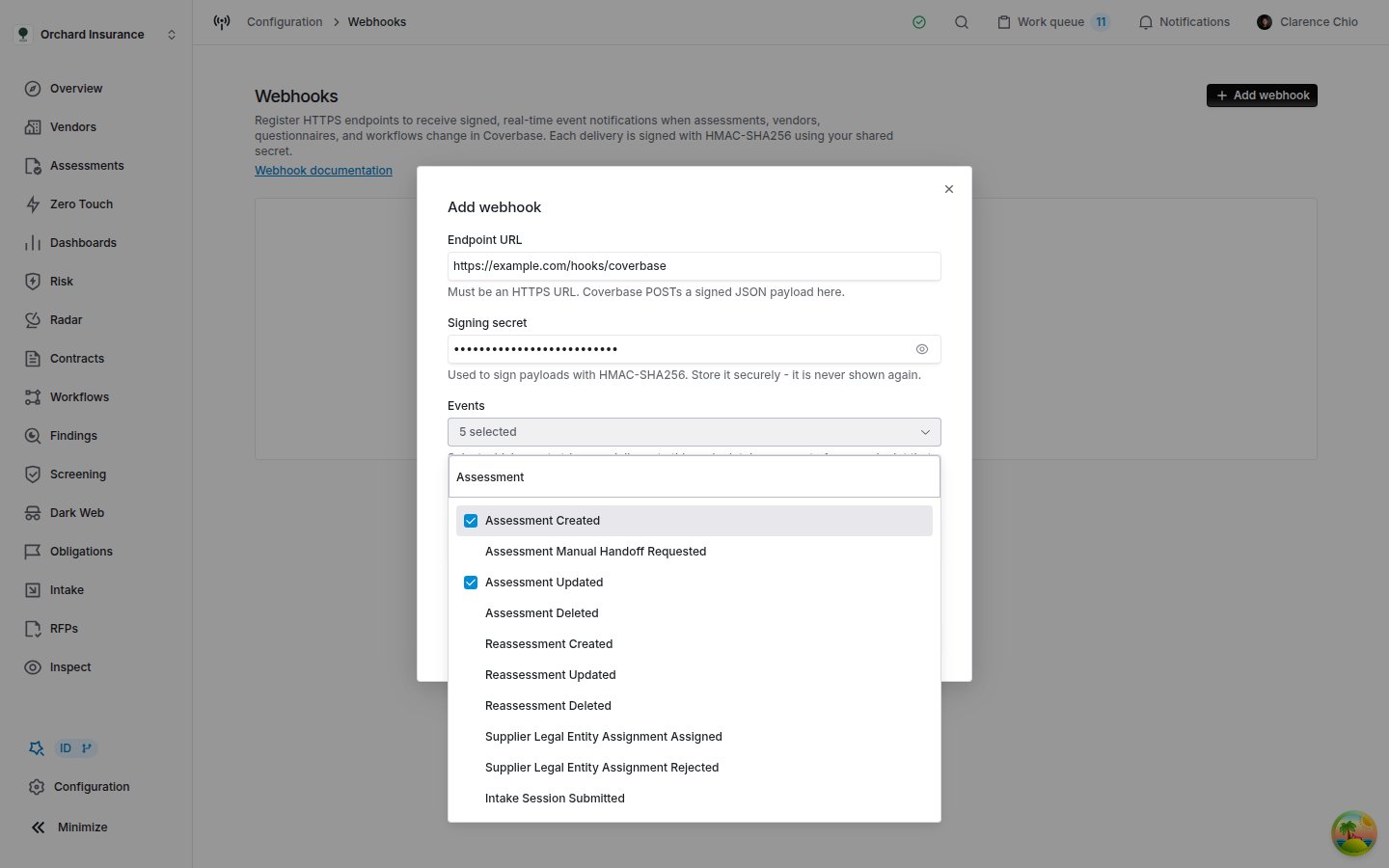 The Coverbase Events picker open over the Add webhook form, filtered to assessment events, with Assessment Created and Assessment Updated ticked