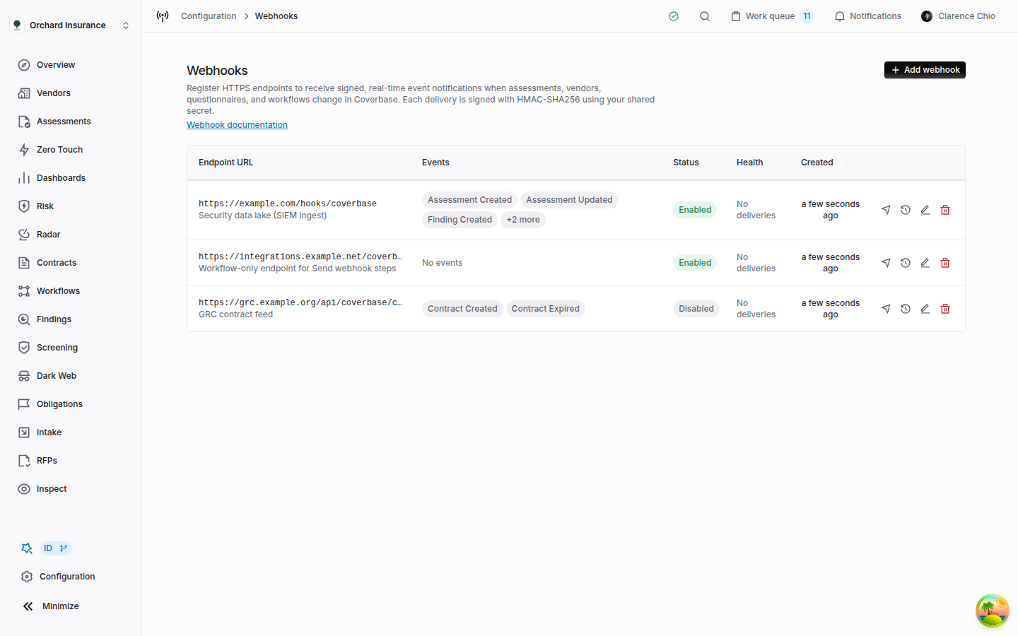 The Coverbase Webhooks page listing three endpoints with their events, status, health and created date, and the four row actions