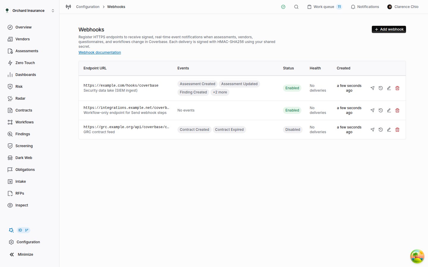 The Coverbase Webhooks page listing three endpoints with their events, status, health and created date, and the four row actions