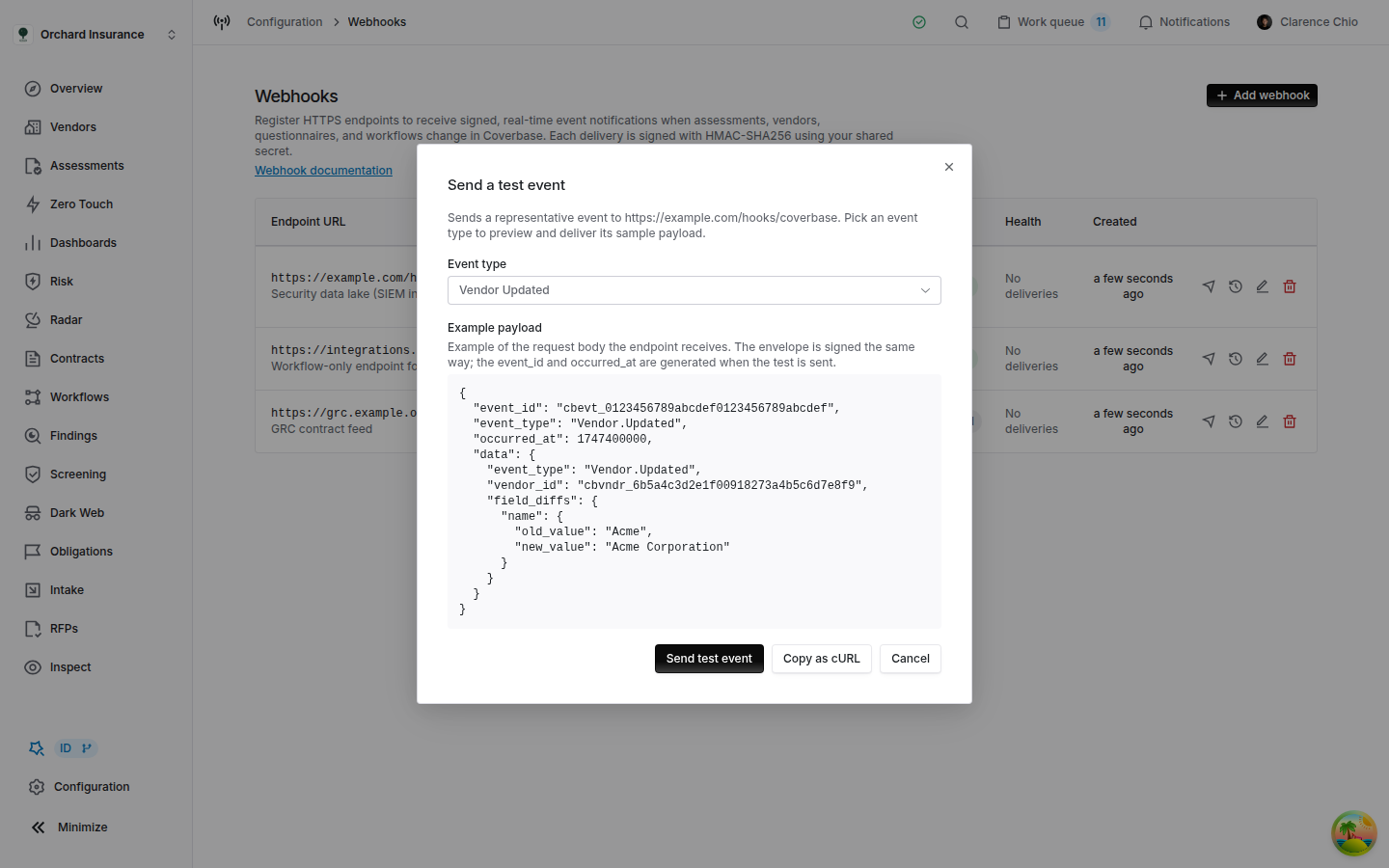 The Coverbase Send a test event dialog showing the Event type selector set to Vendor Updated and the example JSON envelope