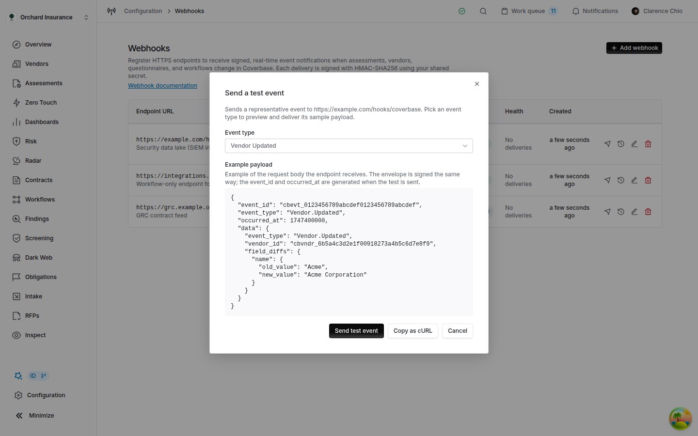 The Coverbase Send a test event dialog showing the Event type selector set to Vendor Updated and the example JSON envelope