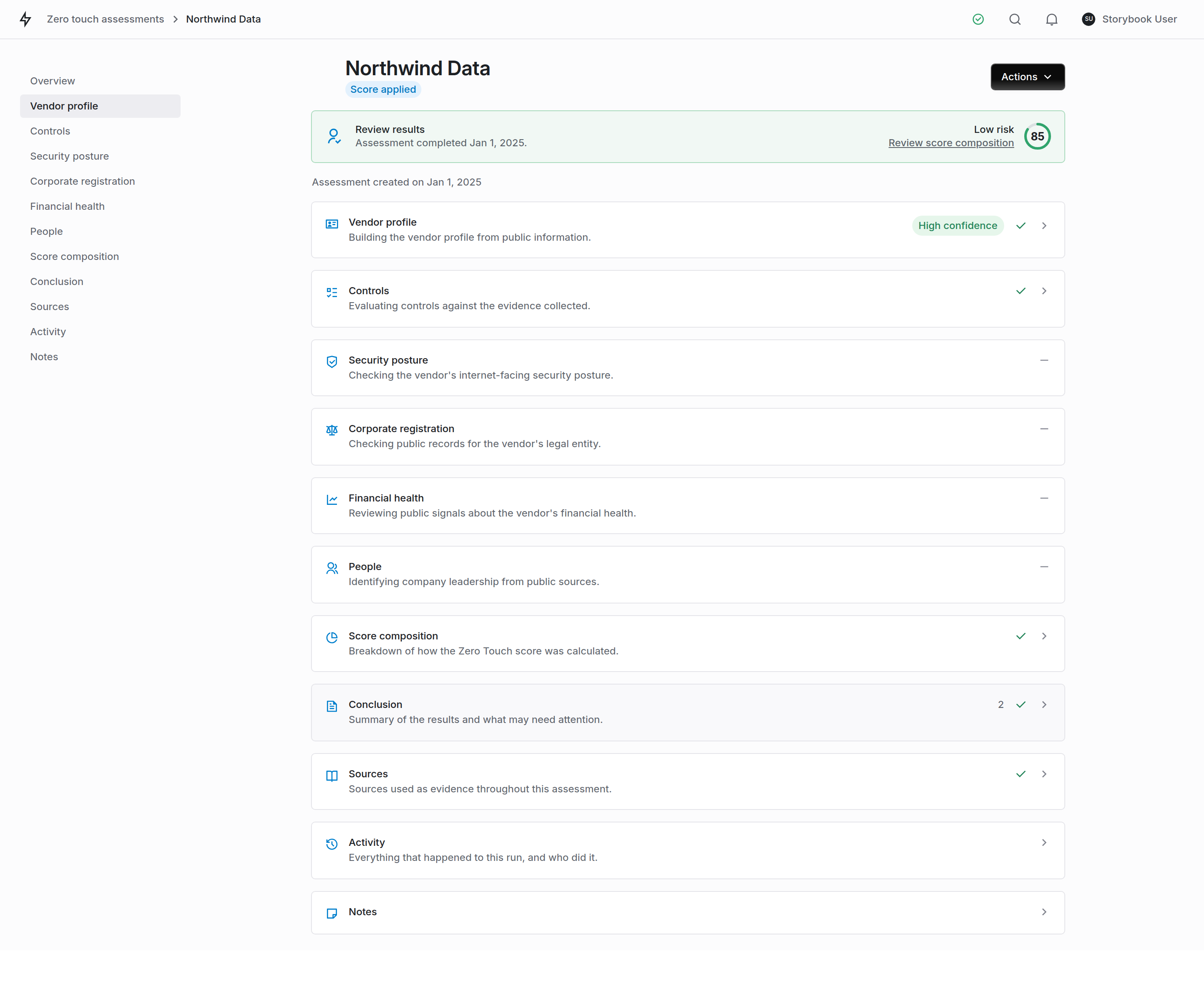 A Zero Touch result page as it first opens, showing a composite score of 85 marked Low risk, a Review score composition link, a left-hand rail listing every section, and eleven collapsed sections from Vendor profile through Notes.