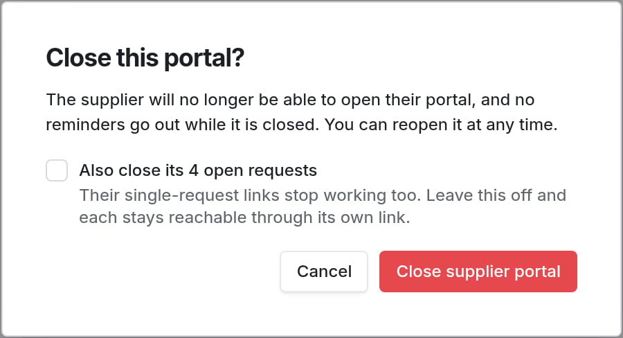 Close this portal dialog with an option to also close its four open requests